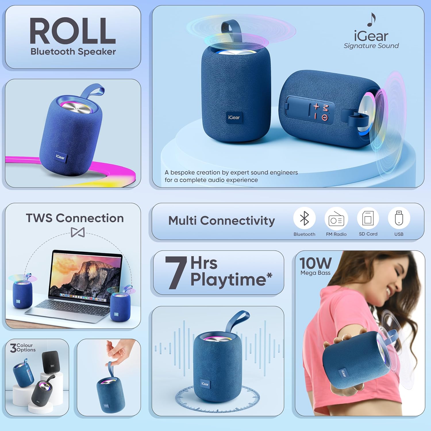 IGear Roll 10W Portable Bluetooth Speaker-Immersive 360-Degree Surround, RGB Lights, 7-Hour Playtime, Splashproof, True Wireless Stereo (TWS) Blue - Image 2
