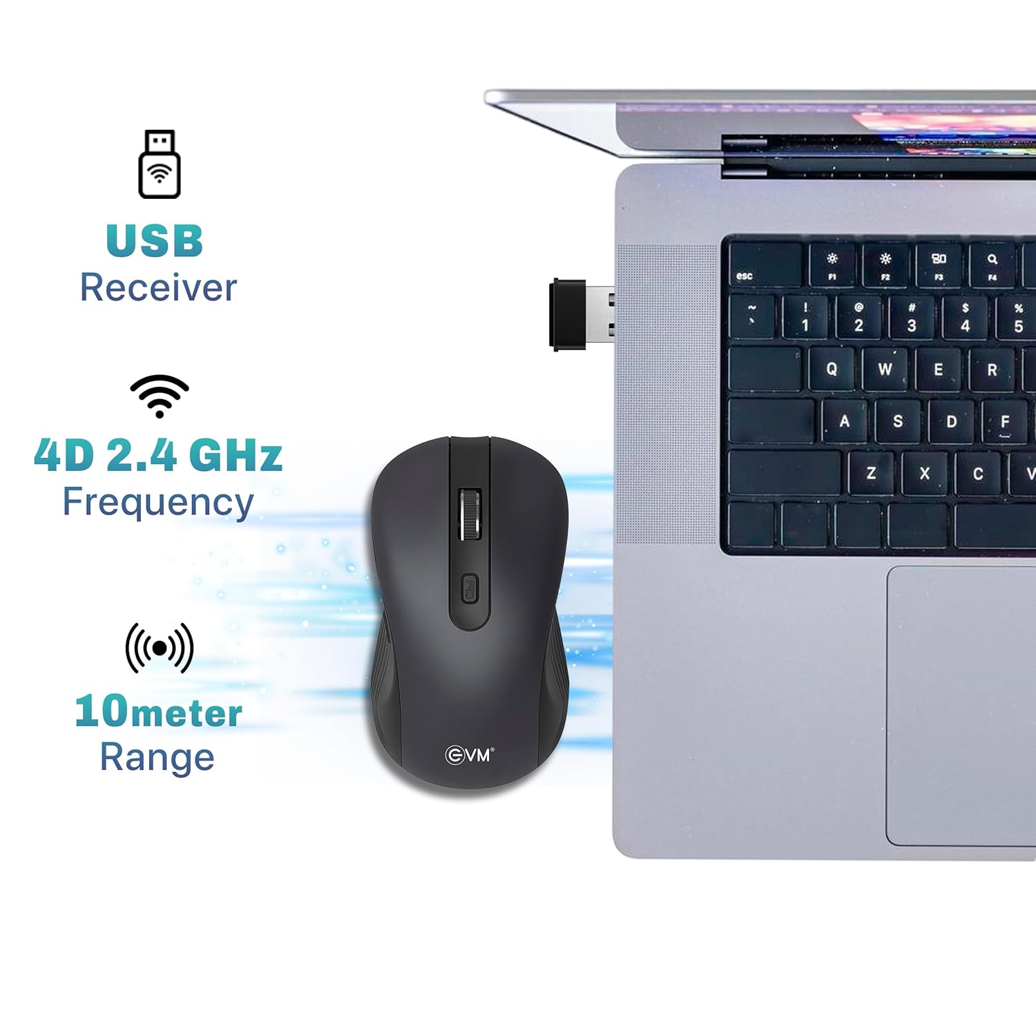 EVM Classy 3W042 Wireless Mouse USB Receiver with 10 Meter Range  2.4Ghz, 4D Scrolling, 1600 DPI - 1 Year Warranty Black - Image 6