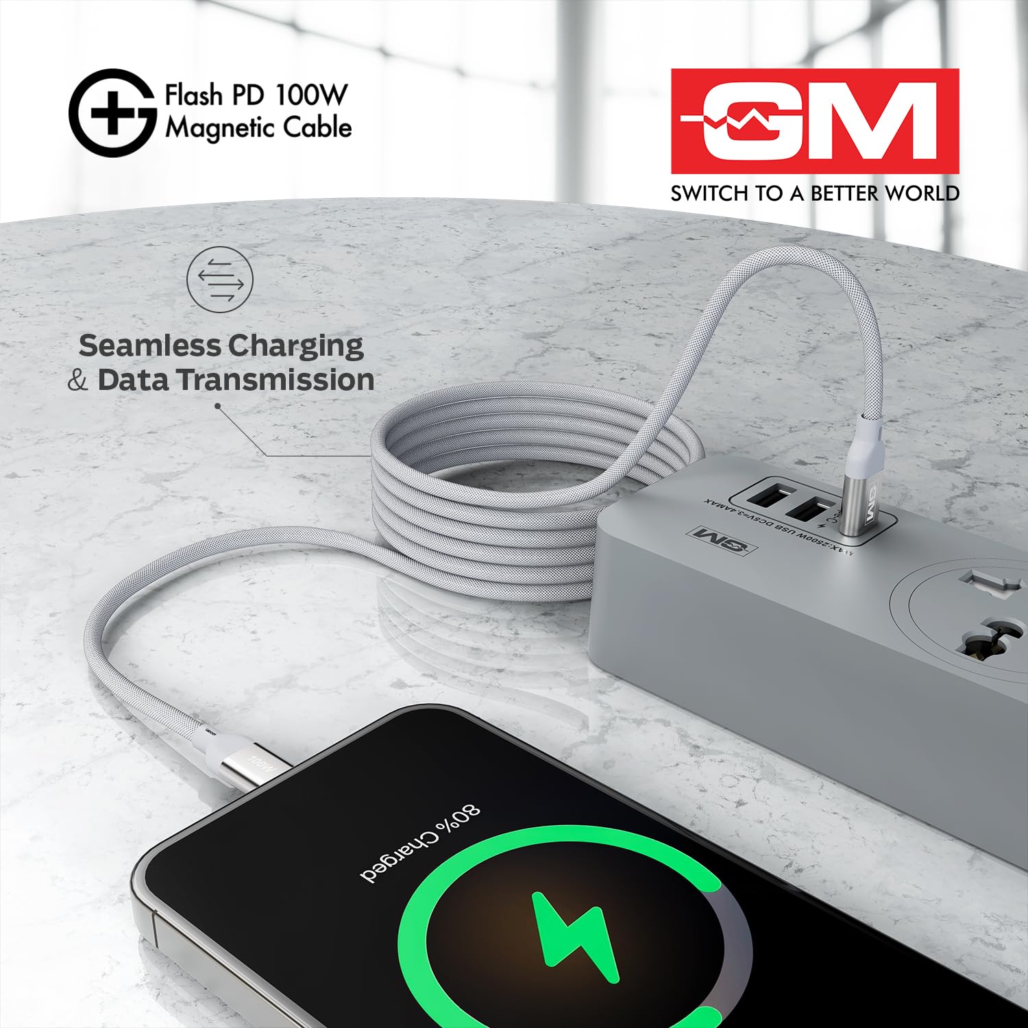 GM G+ Flash PD 100W Magnetic Type C Cable Seamless Charging White - Image 2