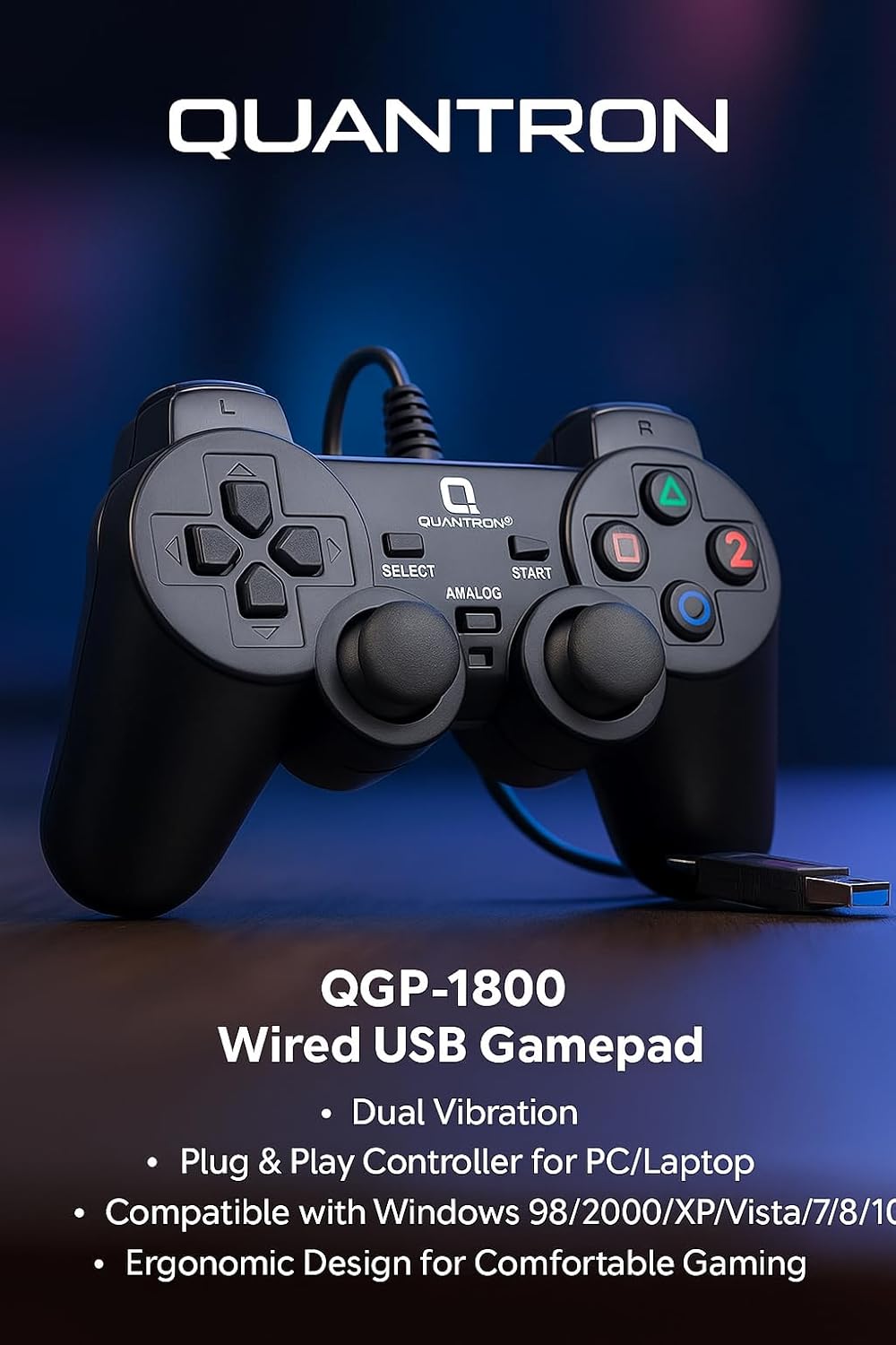 QUANTRON QGP-1800 Wired USB Gamepad with Dual Vibration, Plug And Play Controller for PC/Laptop, Compatible with Windows 98/2000/XP/Vista/7/8/10 - Image 2