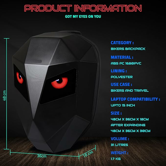 LED Backpack 31L, Motorcycle Riding Bag With Programmable Screen, App Control, Water Resistant, Unisex Expandable Daypack For College, Travel, Laptop, Helmet - Image 4