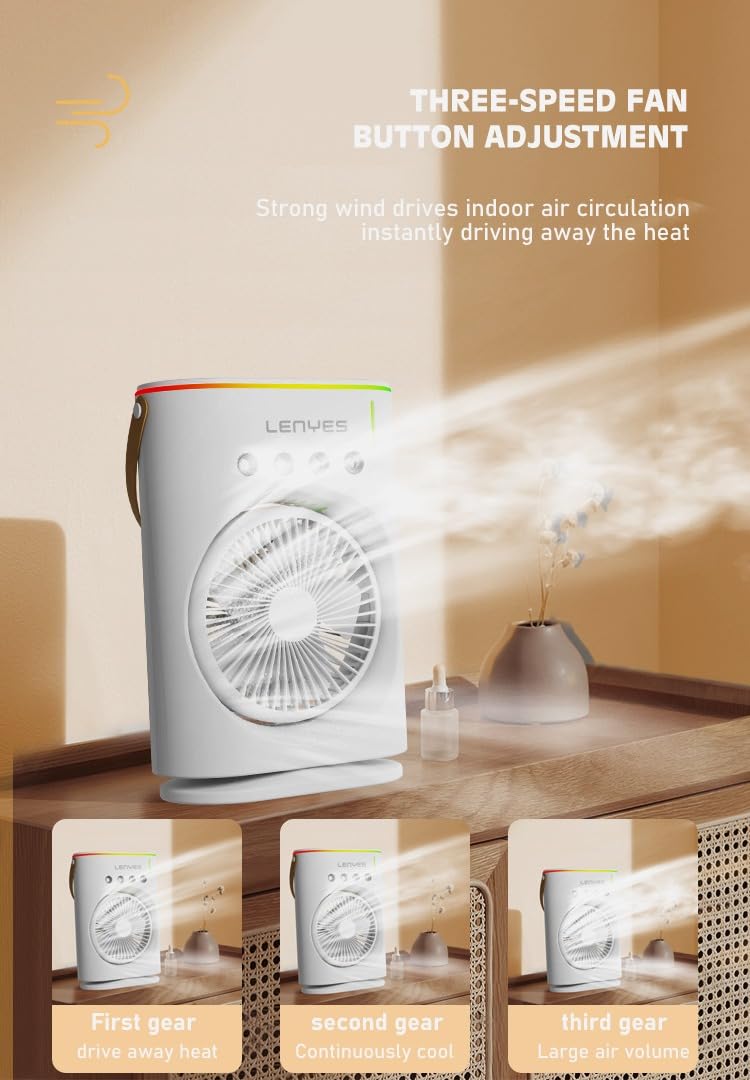 Lenyes LHF05 60 mm Mini Fan , LED Lighting,  Rechargeable Fan,  3 Fan Speeds,  2 Light Mode Settings,  High Speed Oscillation Table Fan ,  White - Image 2
