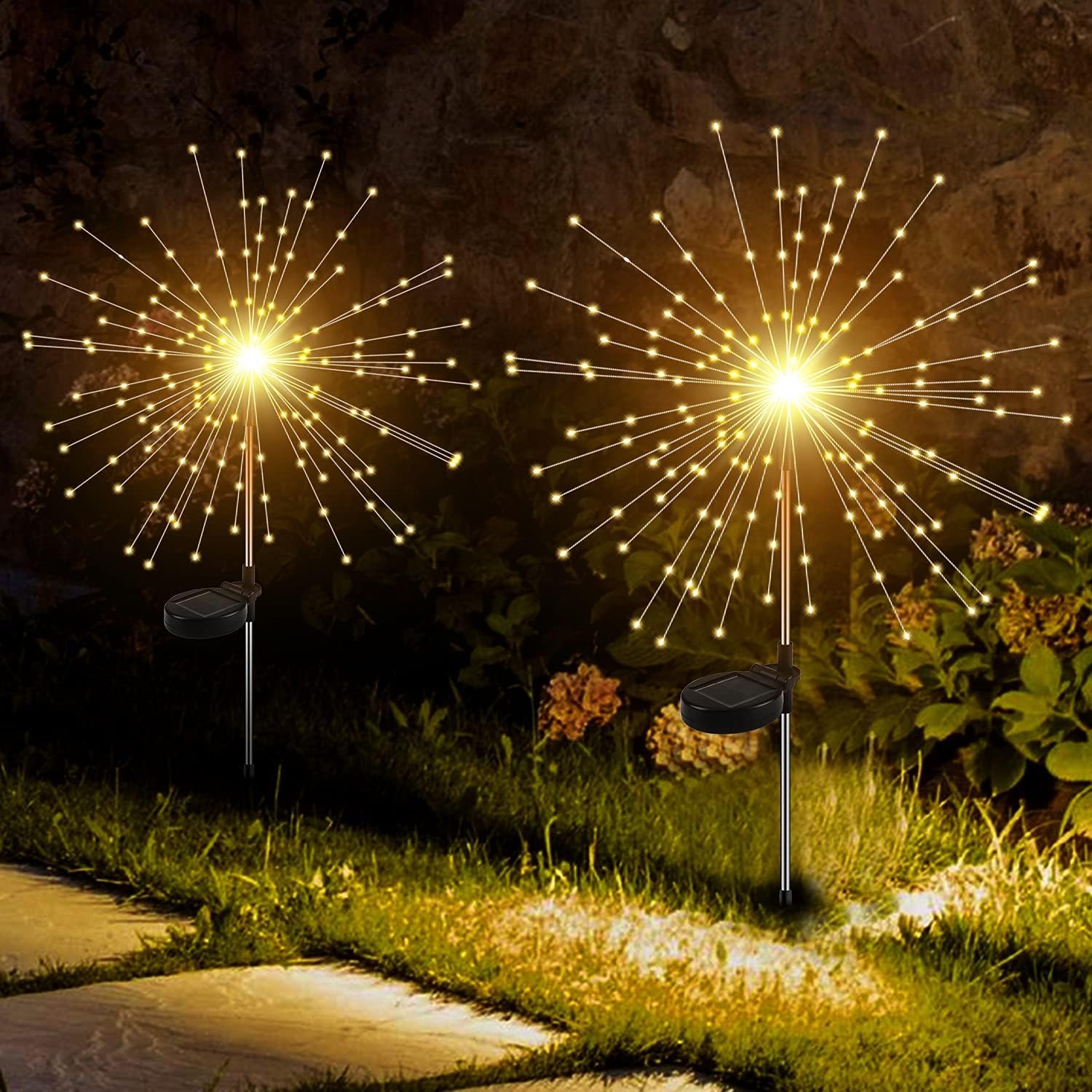 Outdoor 90 LEDs Solar Firework Light 2 Lightning Modes Starburst Design Water Resistant Garden String Lights for Party Decor Warm Yellow, Pack of 2 - Image 1