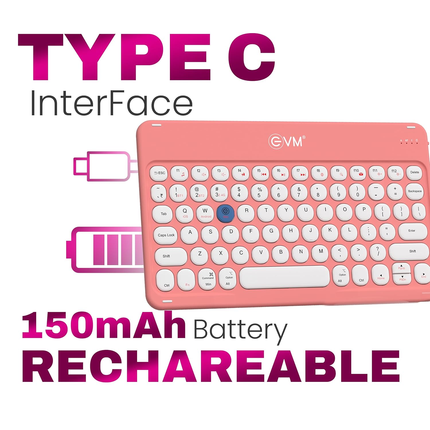 EVM EnArc Wireless Keyboard And Mouse Combo Bluetooth 5.0 + 2.4GHz, Rechargeable, Slim, Silent Keys Peach - Image 5