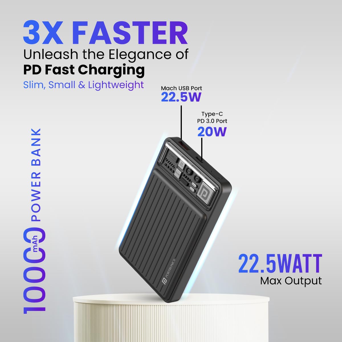 Portronics POR 2175 Luxcell Mini 10K Advanced 10000 mAh Nano Power Bank with 22.5W Max Output, LED Indicator, Mach USB-A Output, Type C PD Output, Type C Input, Wake Up Button Black - Image 2