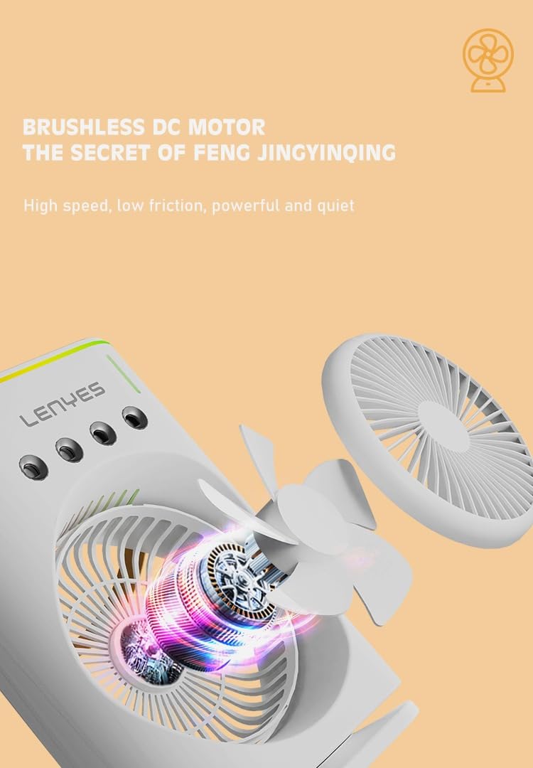 Lenyes LHF05 60 mm Mini Fan , LED Lighting,  Rechargeable Fan,  3 Fan Speeds,  2 Light Mode Settings,  High Speed Oscillation Table Fan ,  White - Image 6