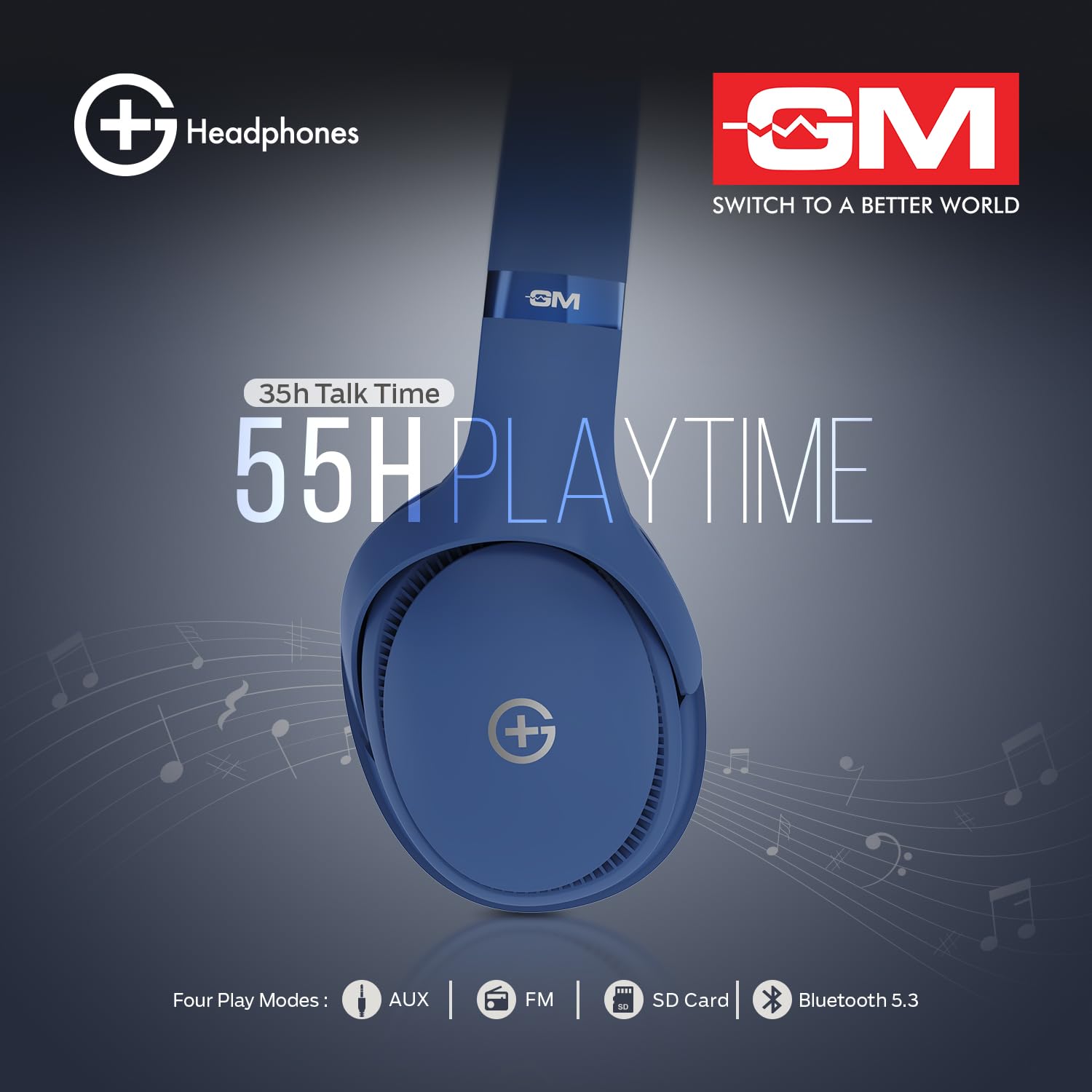 GM G+ Headphones, Over The Ear Headphones with Mic, BT 5.3, Pure Bass, 45ms Low Latency, Dual Pairing, 4 Play Modes (FM, Radio, SD Aux) 55H Blue - Image 8