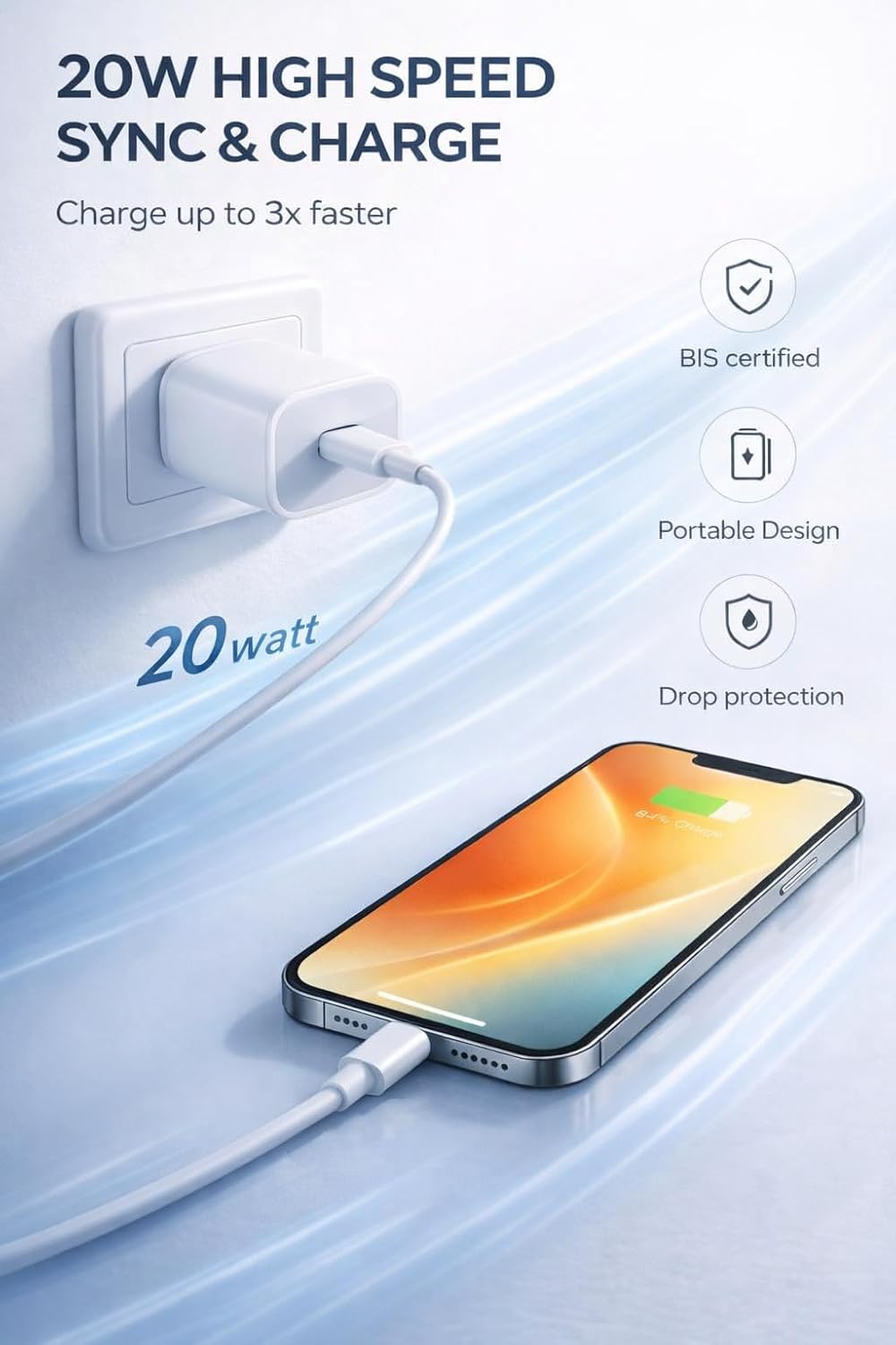 Accede A106 Speed-X 20W Pd Fast Bis Certified 3A High-Speed Type C Charger to Iphone Cable White - Image 5