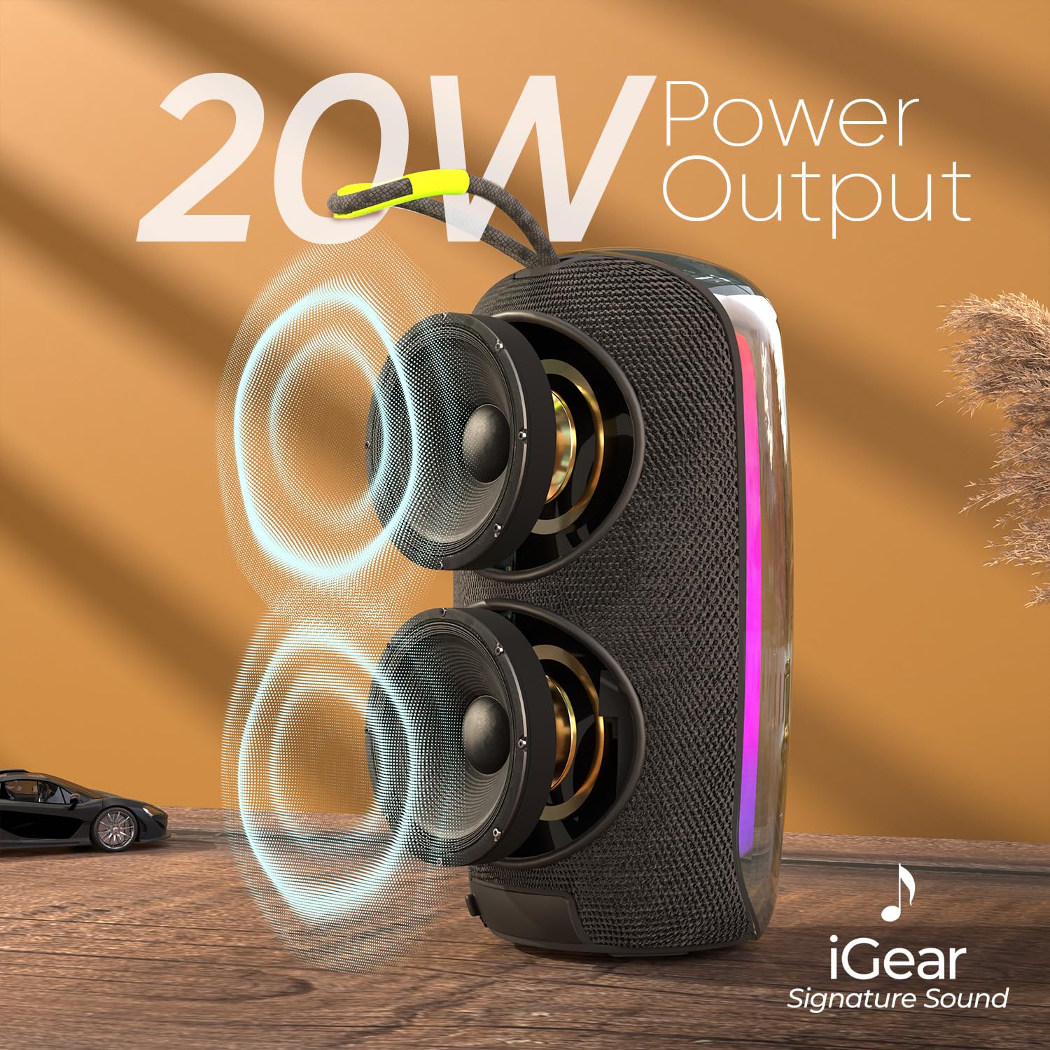 iGear Apollo 20W Portable Bluetooth Party Speaker, 360° Surround, 180° LED Light, TWS, BT 5.3, FM, USB, TF/SD Card, AUX, 6 Light, Twin Pairing Black - Image 3