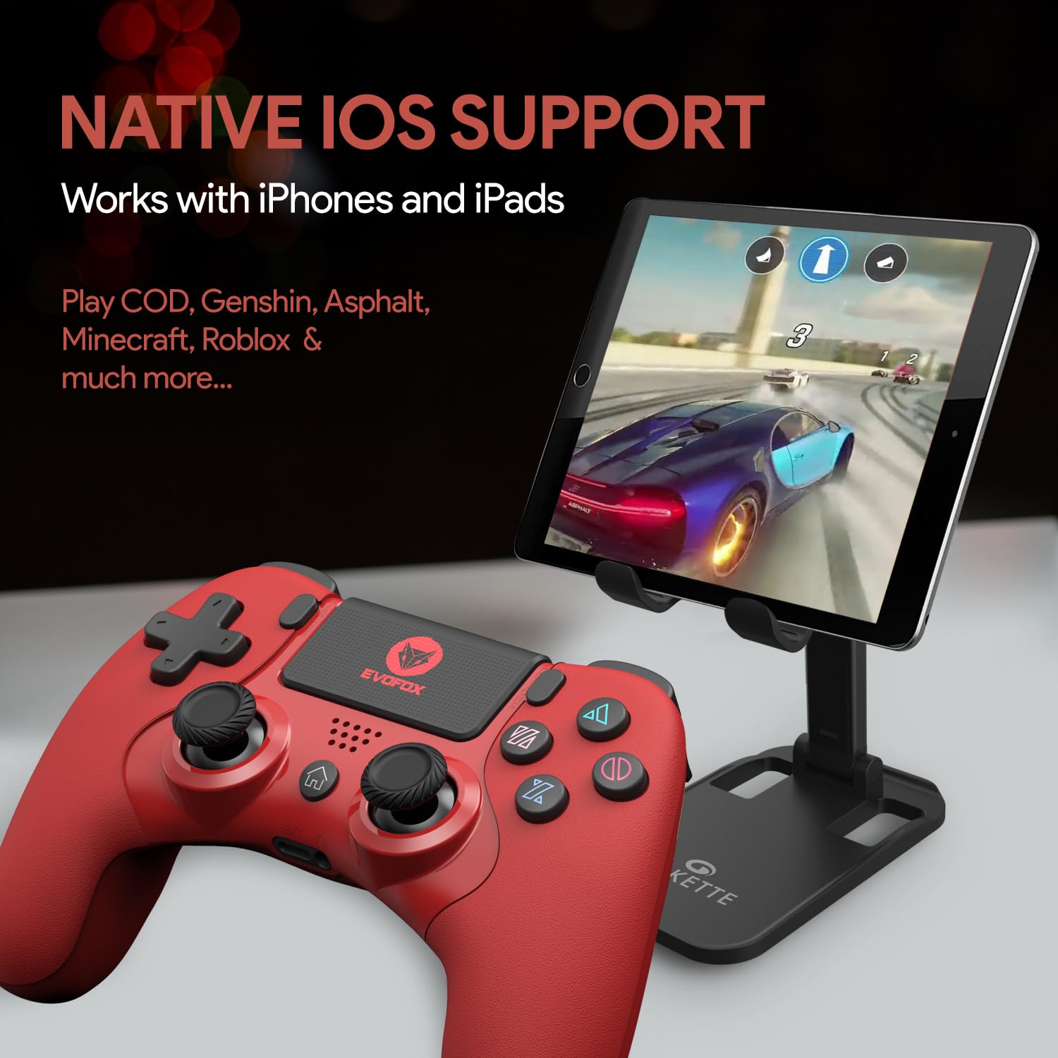 EvoFox Elite Play ps4 controller, iPad, Phones, Bluetooth 5, Dual Vibration, 6 Axis Gyro Sensor, 10 Hours, Touch Panel Red Unboxed ( Preowned ) - Image 3