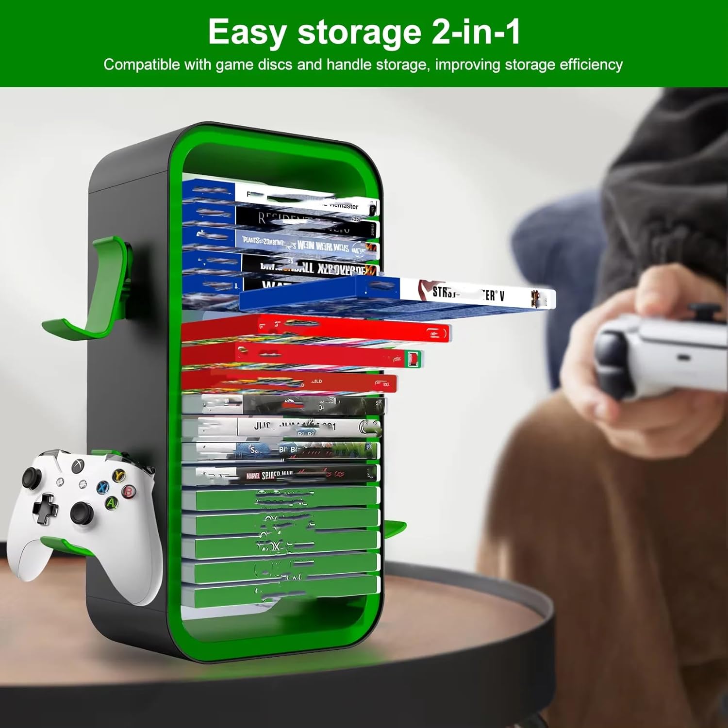 Game Disc Storage CD Rack Tower for PS5/Xbox Series, Holds 18 Game Discs, 4 Controller Green - Image 3