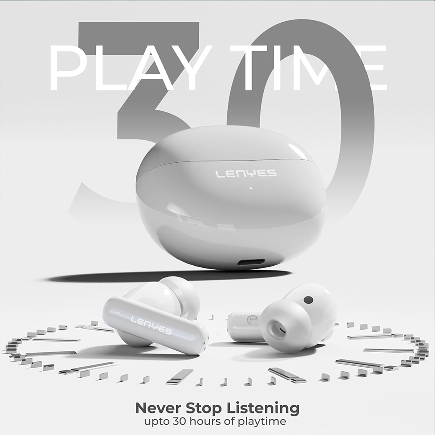Lenyes AIR 100 TWS Earbuds, Bluetooth 5.3, 12mm Bass Drivers, ANC+ENC Quad Mic, 30H Playtime, Type-C Fast Charging, Sweat-Proof, Touch Controls White - Image 3