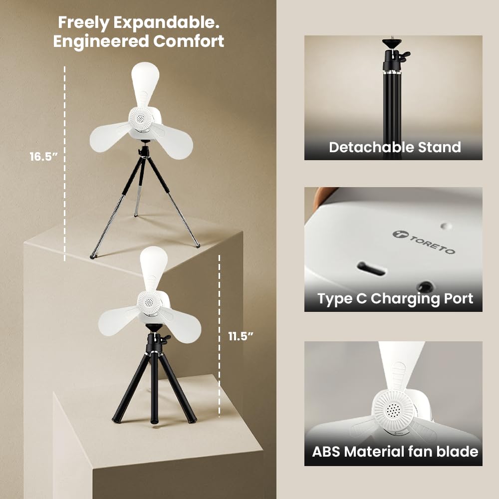 Toreto Steady Air Portable Ceiling Fan with Detachable Tripod Stand, 180° Automatic Oscillation, Built-in Night Light, TypeC Charging Remote Off White - Image 3