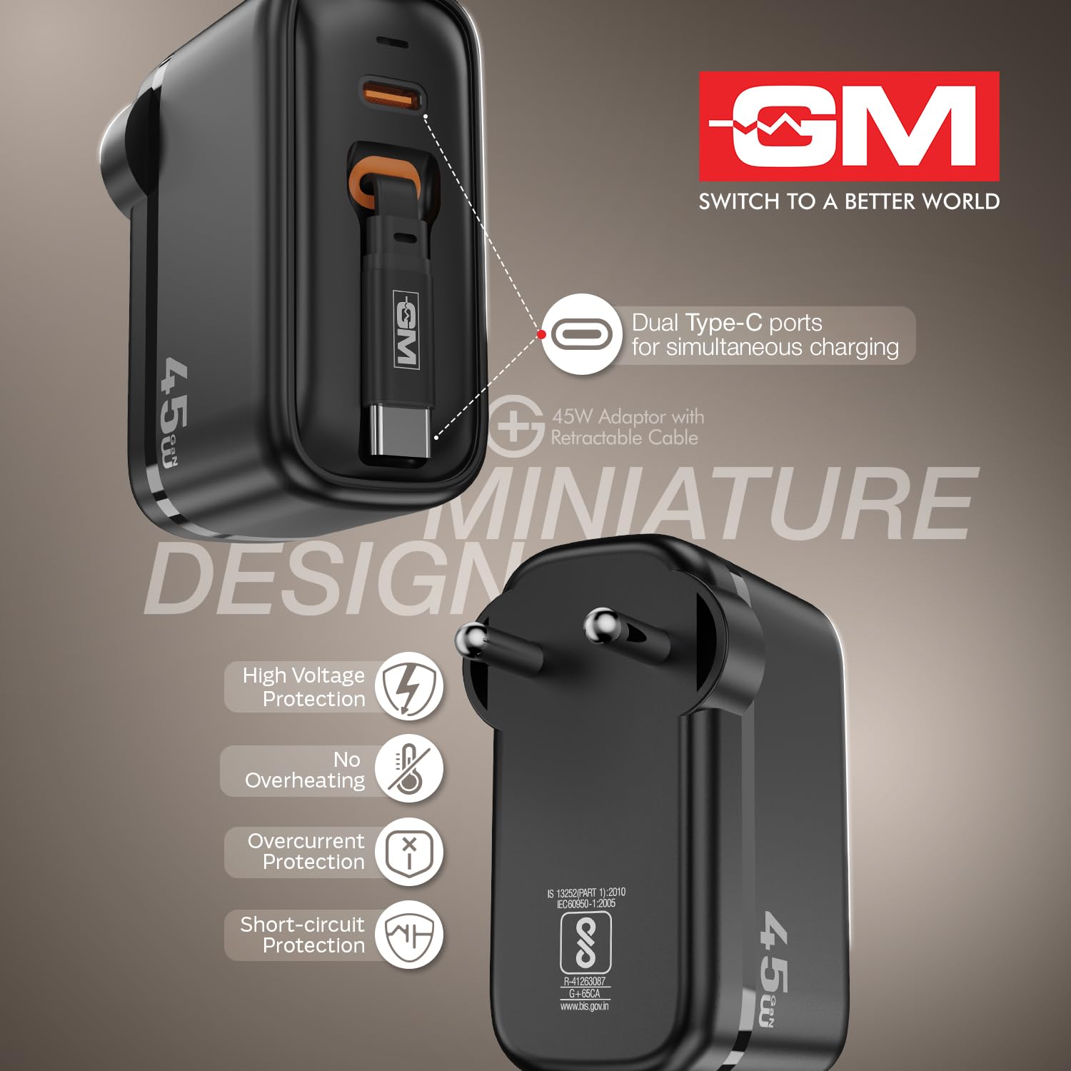 GM G+ 45W Type C All in One Travel Adapter with 70 CM Retractable Cable, GaN Technology Super Fast Charger for Mobile And Laptop Black - Image 7
