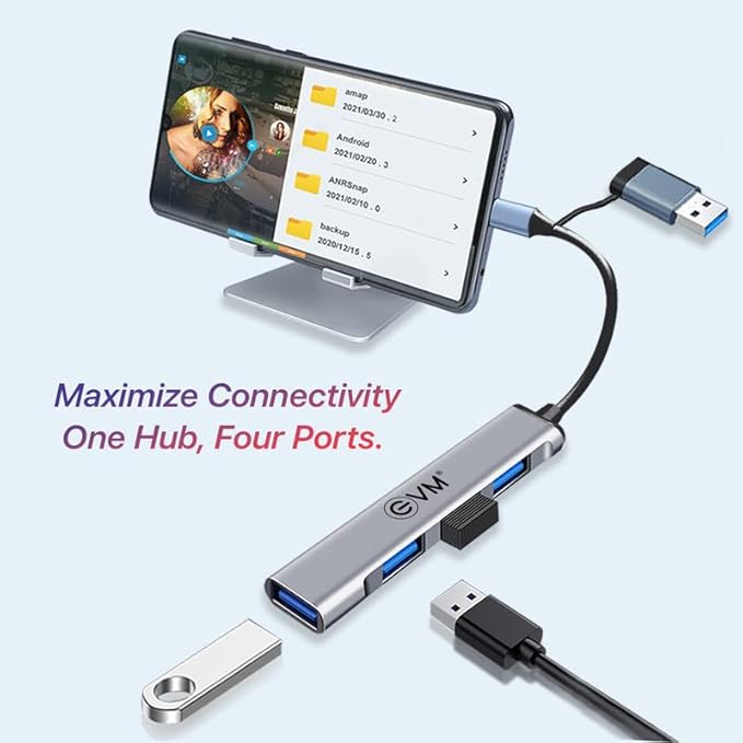 EVM CU4HP 2 In 1 Four Port USB Hub, Type-C & USB Dual Input 1 HUB 3.0 + 3 HUB 2.0 - Image 2