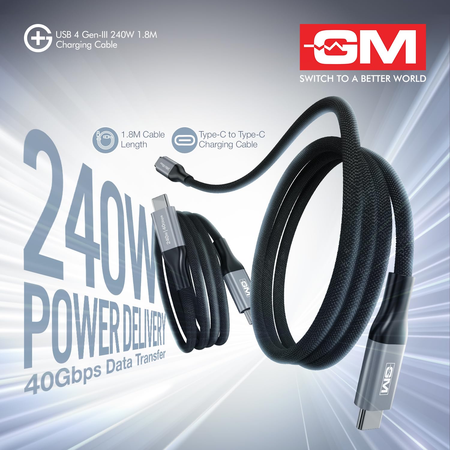 GM G+ USB 4 Gen-III 240W Type-C to Type-C Cable (1.8M) | 40Gbps Data Transfer | 8K Display Support | PD 3.1 Fast Charging | Nylon Braided,Tangle-Free,Durable Cable for Laptops,Tablets & Smartphones - Image 8