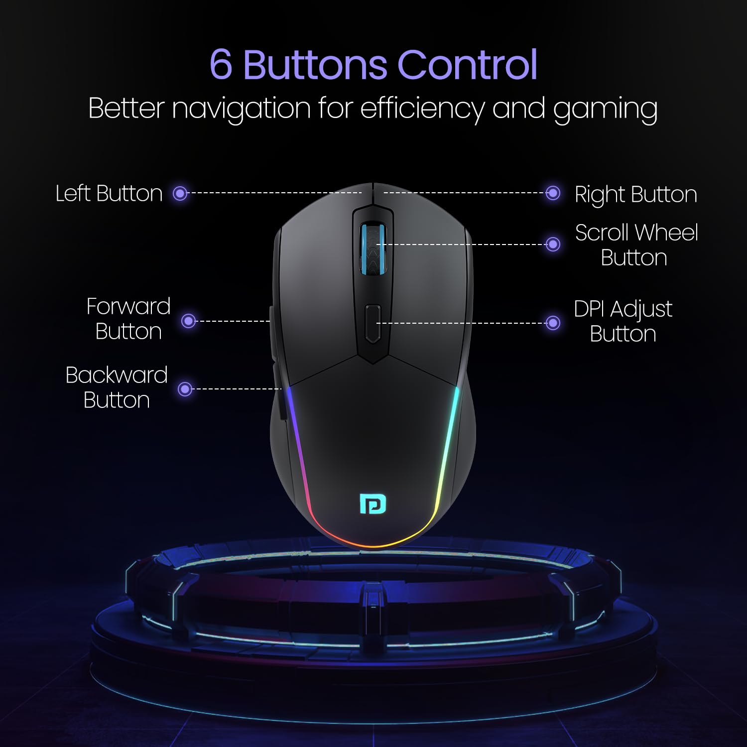 Portronics Toad One POR 1682 Bluetooth Mouse with 2.4 GHz & BT 5.3 Dual Wireless, 6 Buttons, Rechargeable, RGB Lights, Connect 3 Devices, Ergonomic Design for Laptop, Smartphone, Tablet Black - Image 4