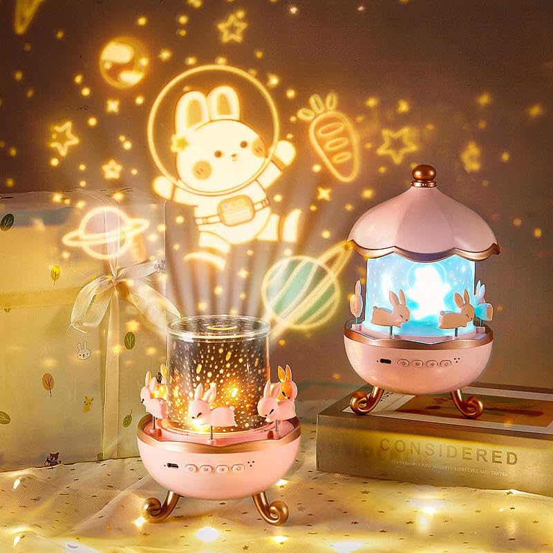Bunny Carousel Night Light Projector, LED Lamp with 6 Rotating Films, Star Projection for Nursery & Kids Room Decor, Rotatable Rabbit Light, Pink - Image 2