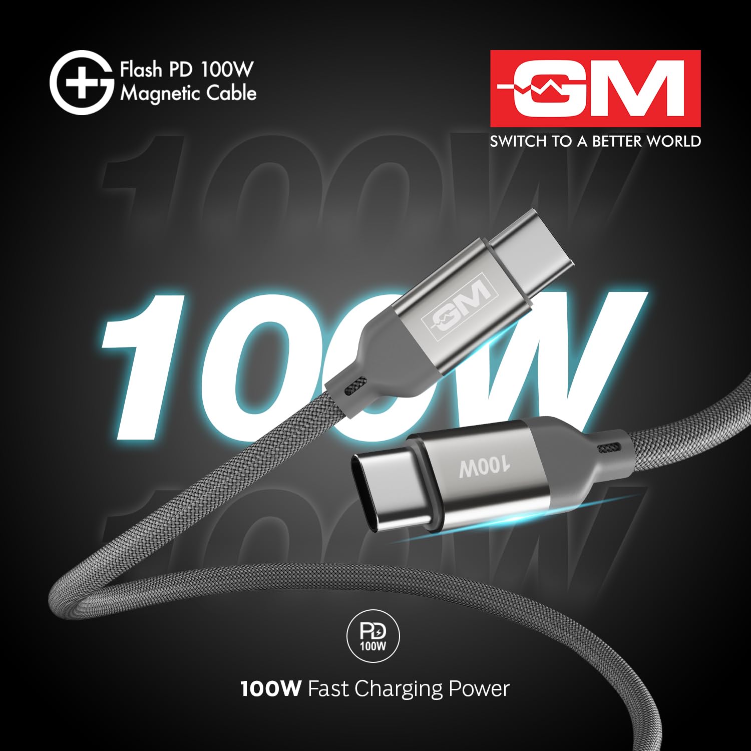 GM G+ Flash PD 100W Grey Magnetic Cable, Type-C to Type-C, 1.2M Length, Premium Braided Copper Wire, Durable And Wear Resistance - Image 6