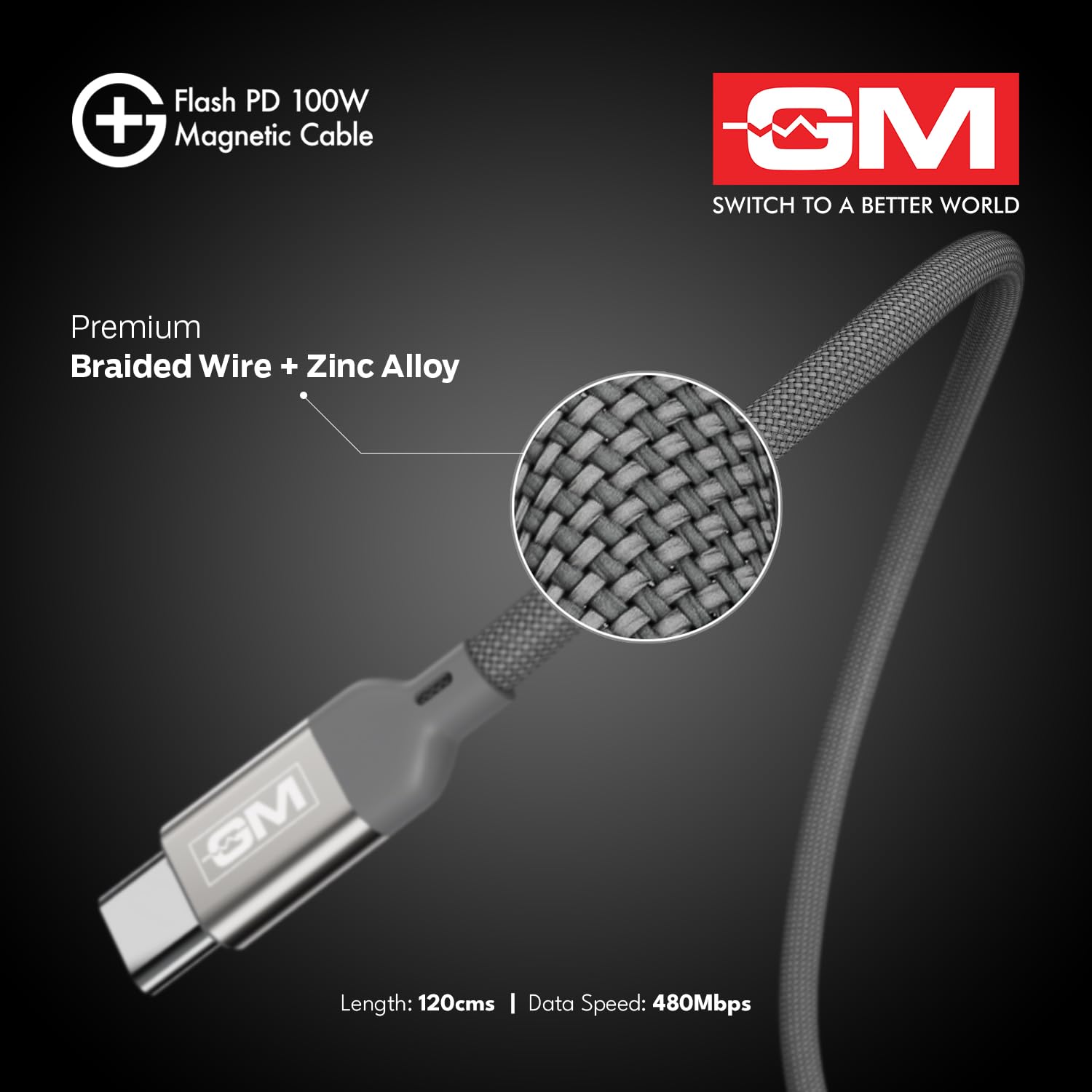 GM G+ Flash PD 100W Grey Magnetic Cable, Type-C to Type-C, 1.2M Length, Premium Braided Copper Wire, Durable And Wear Resistance - Image 4
