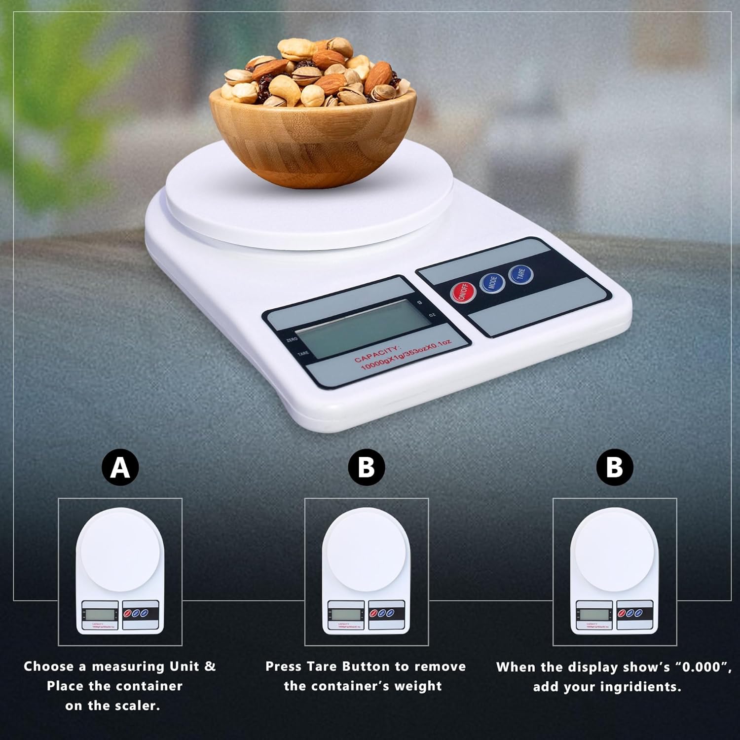 Digital Kitchen Weighing Scale, 10Kg x 1g Precision, Food Scale with LCD Display for Cooking, Baking, Meal Prep And Healthy Diet White - Image 6