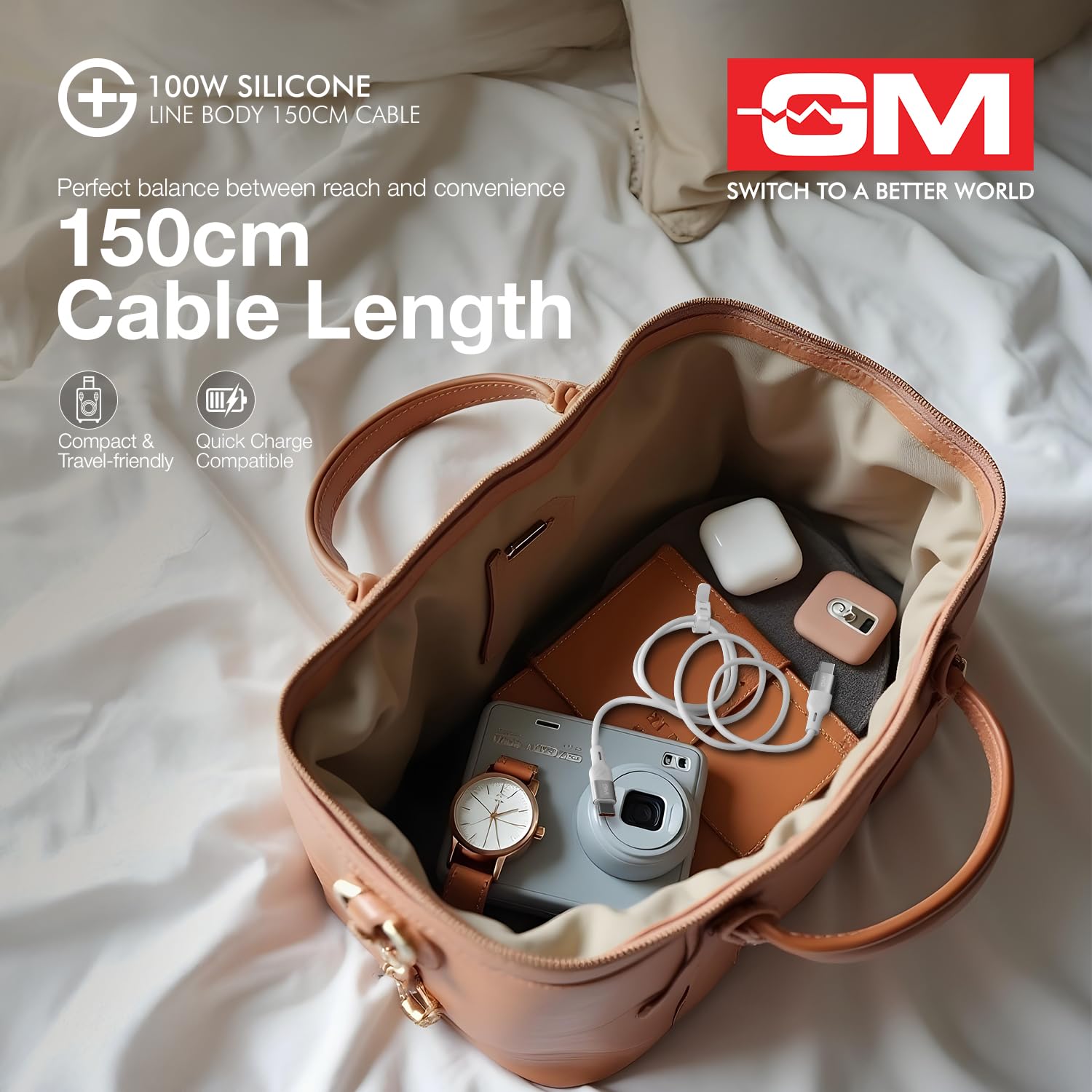 GM G+ 100W Silicon Line Body 150cm Cable , Flexible Silicone Line Body, PD 3.1 Type-C Cable, 480Mbps Data Transfer, Durable Aluminium Connectors White - Image 9