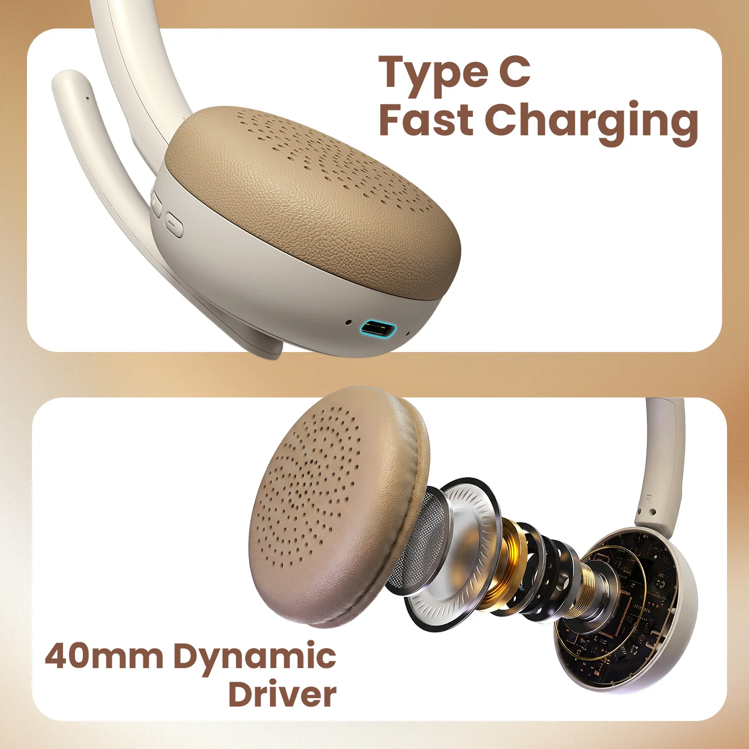 Portronics POR 3419 Muffs A3 ENC Upto 50 Hours Playtime | Bluetooth Version 6.0 | Adjustable Headband | Type C Fast Charging Beige - Image 6