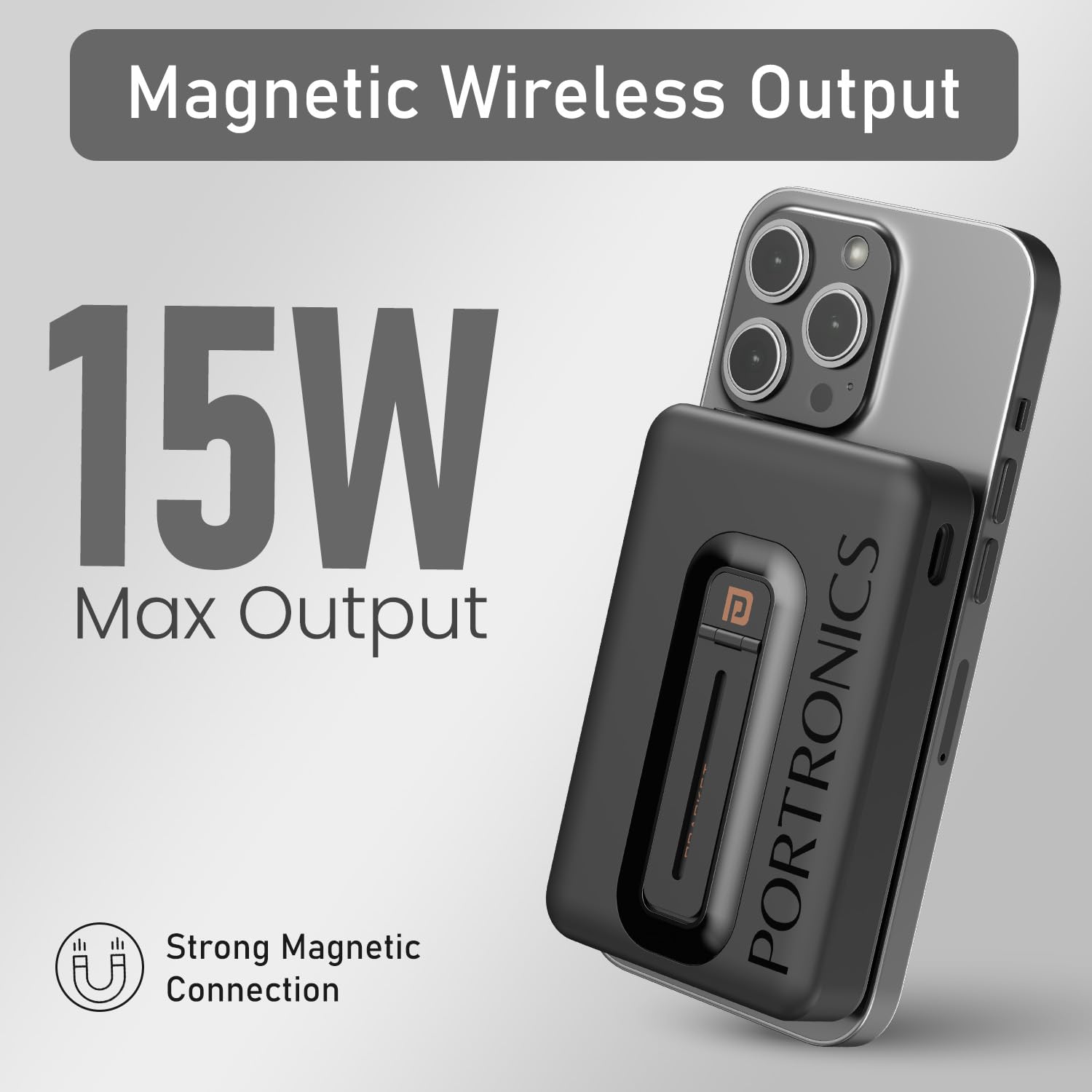 Portronics POR 2903 Revvo 15W Magsafe Wireless Powerbank 10000mAh Fast Charging Powerbank,Detachable Type C Cable,Mobile Stand,Type C Input/Output PD Port,iPhone 12 Above,Android Qi Enabled Devices Black - Image 2