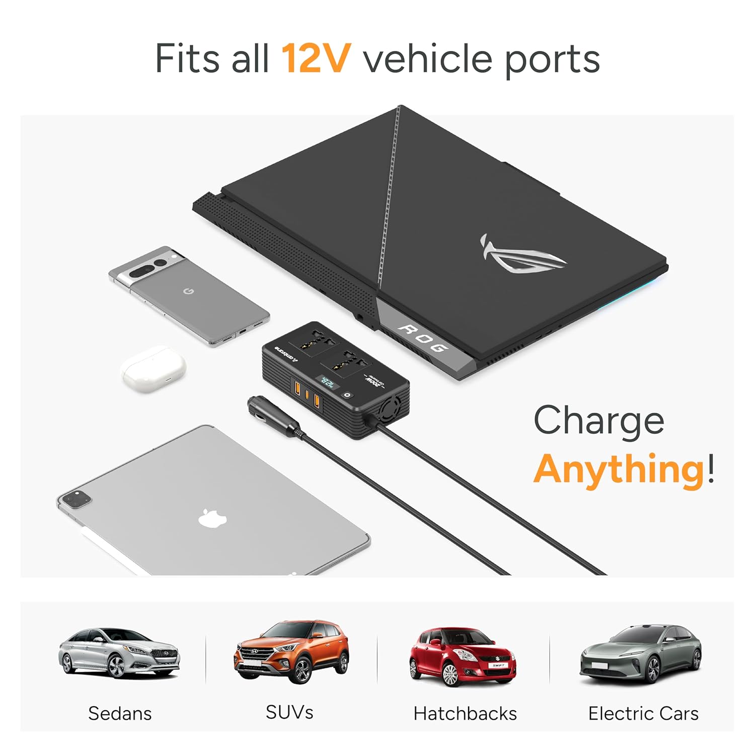 Ambrane 200W Car Power Inverter/Laptop Charger, Charge 5 Devices, 1 Type C 33W PD, 2 USB 22.5W QC, 2 AC Universal Outlets, Safe Charging Technology, For All 12V DC Socket Cars, SmartStrip Auto, Black - Image 3