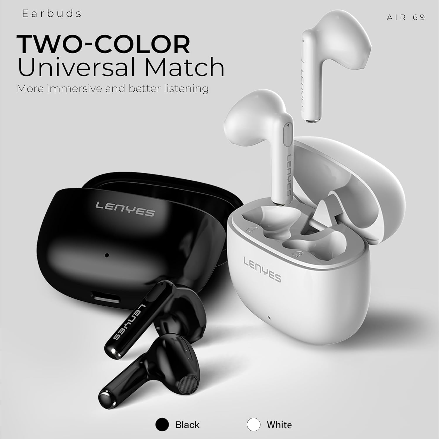 Lenyes AIR69 Wireless Earbuds, Scratch-Resistant Material, 13mm Drivers, Bluetooth 5.4, 20H Playtime, Type-C Fast Charging, Touch Controls White - Image 9