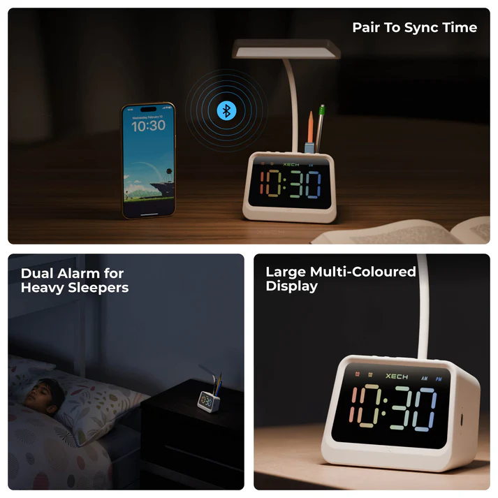 Xech Prism Alarm Clock with Lamp, Pen Stand Speaker, Rechargeable Desk Lamp for Study, Digital Clock, Mini Speaker, Gift for Office, Home & Kids White - Image 3