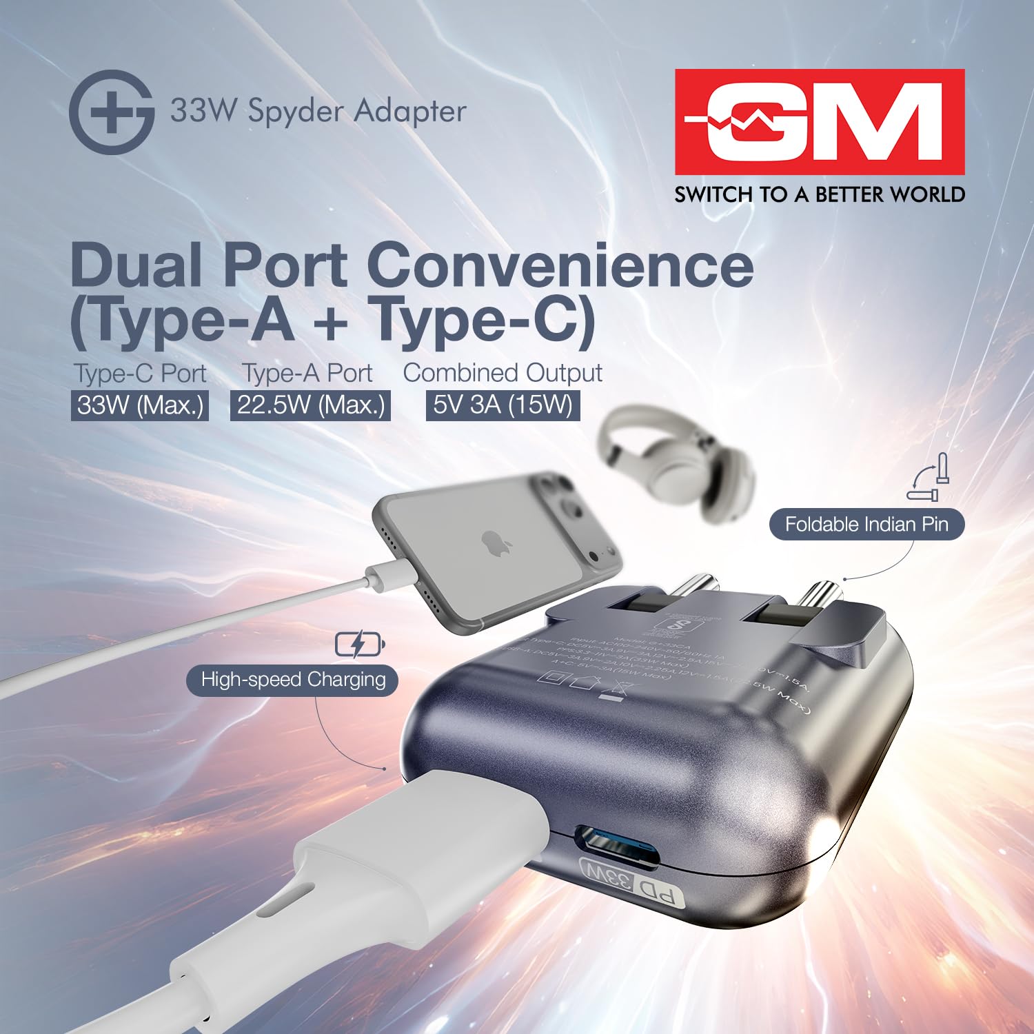 GM G+ 33W Spyder GaN Charger, Compact Dual-Port Fast Charger with Foldable Indian Pin, GaN Technology, Protection Features, Type-C PD And USB-A Output - Image 8