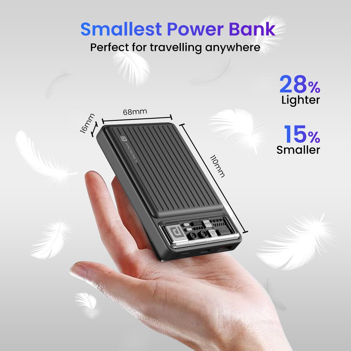 Portronics POR 2175 Luxcell Mini 10K Advanced 10000 mAh Nano Power Bank with 22.5W Max Output, LED Indicator, Mach USB-A Output, Type C PD Output, Type C Input, Wake Up Button Black - Image 6