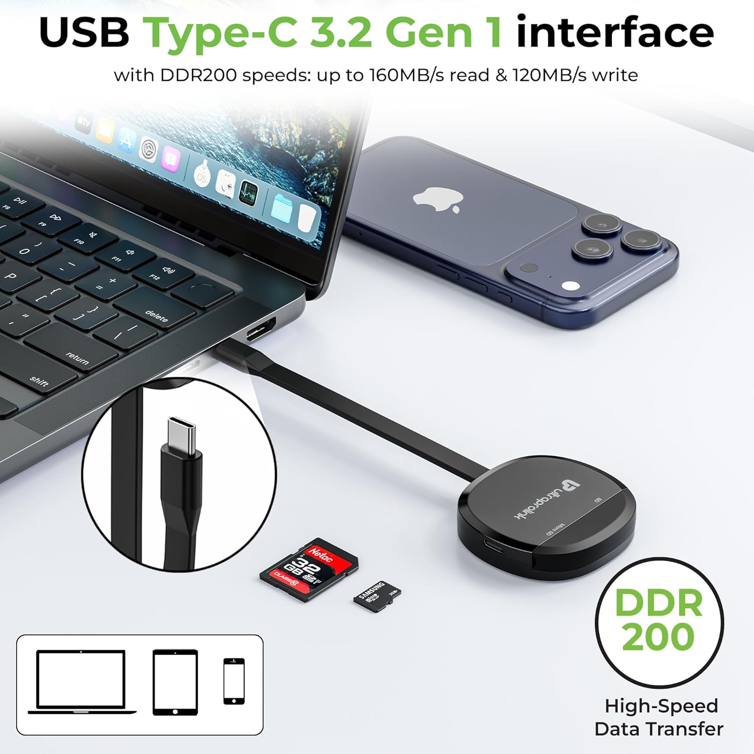 UltraProlink Mag-Vault ,Mag-Safe USB-C 3.2 SD & microSD Card Reader, Dual Slot- 2TB Each, 100W PD Pass-Through, 160MB/s DDR200 Speeds Plug & Play - Image 3