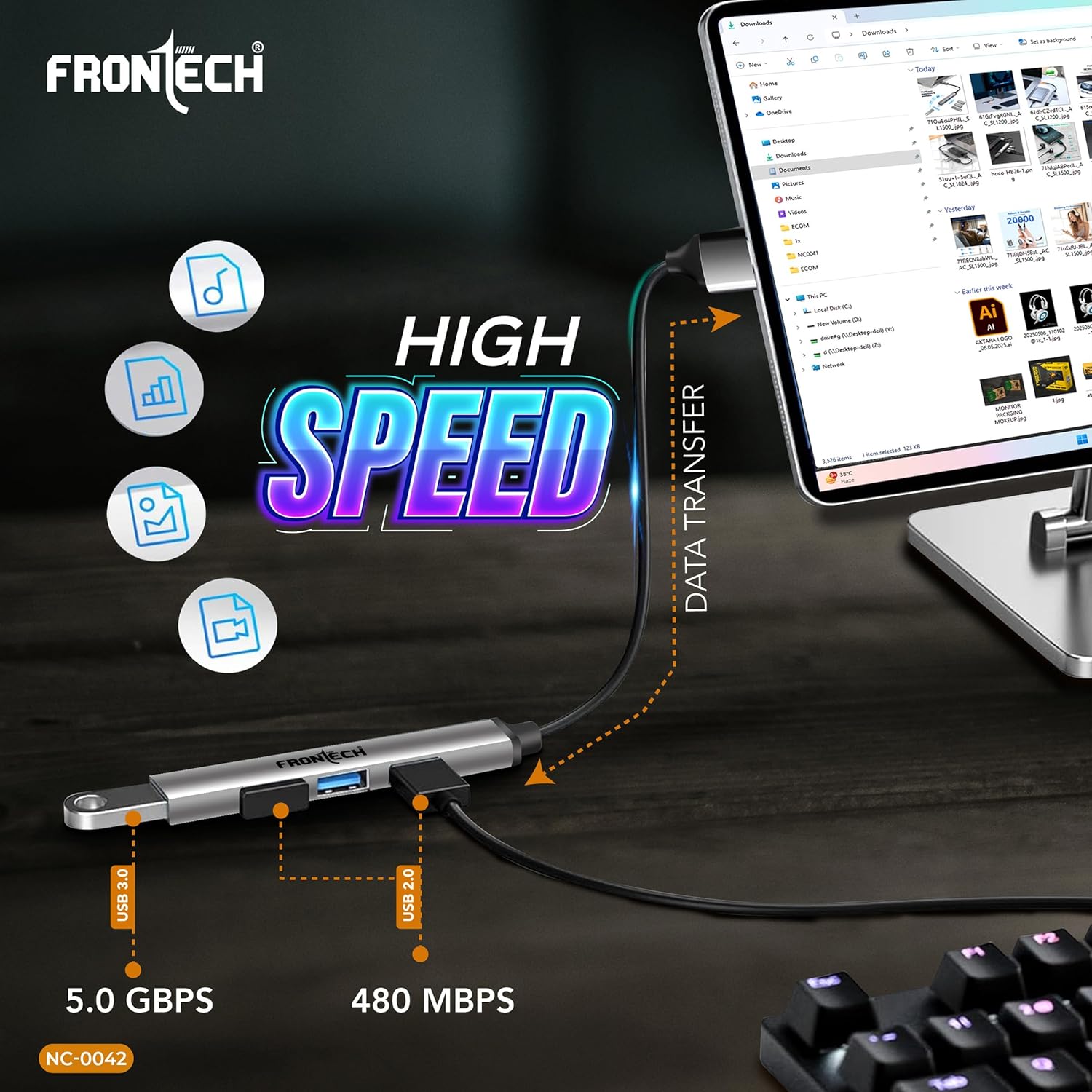 Frontech 4 in 1 Slim Multiport HUB Dock,1XUSB 3.0, 3X USB 2.0,Compact Metal Design, Upto 5 Gbps Hight Speed Data Transfer for Desktop,Laptop,Tablet - Image 3