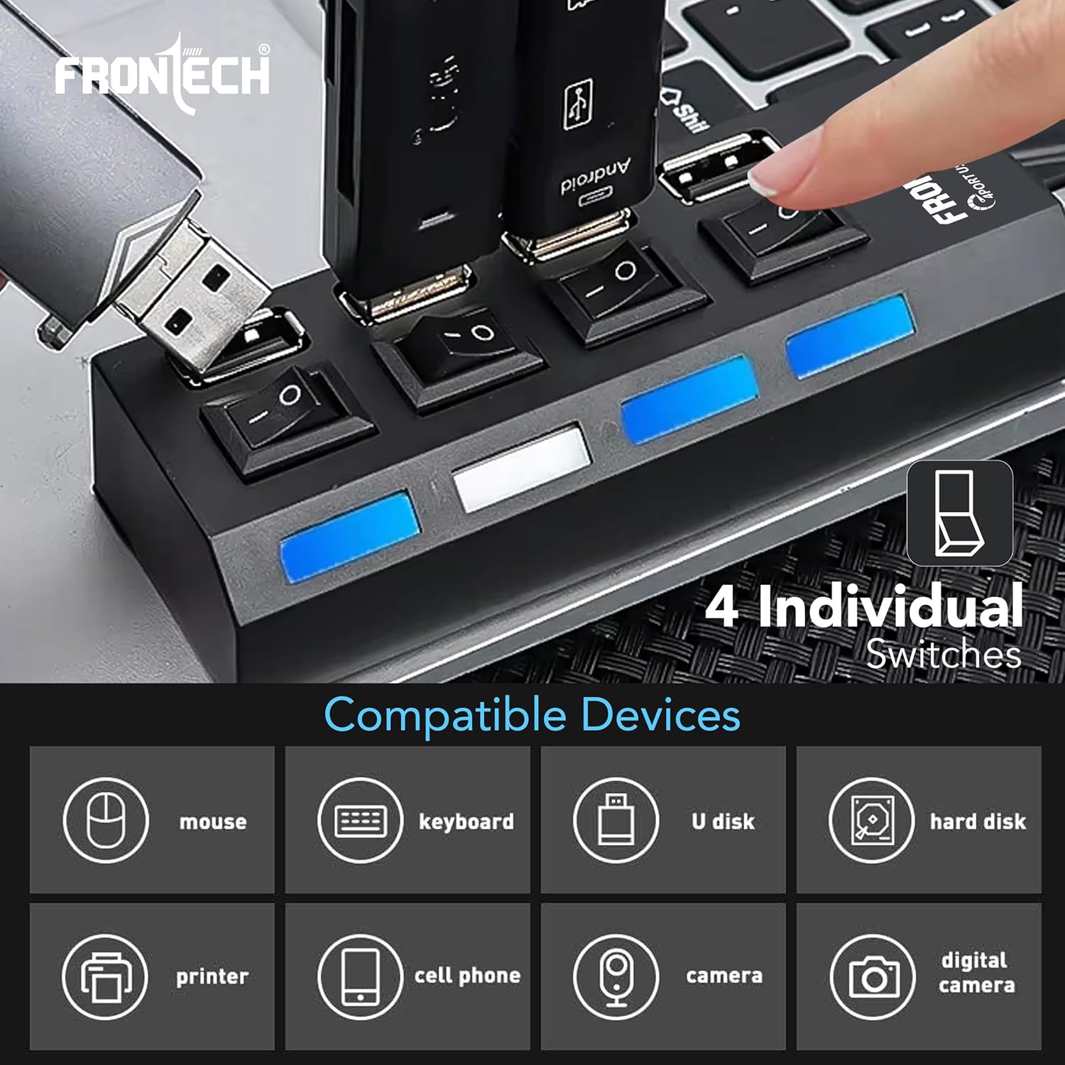 Frontech 4-Port USB Hub Individual On/Off Switches, LED Indicators, 40 cm Cable, Optional Power Input Port, Plug-and-Play Multi-Device Connectivity - Image 4