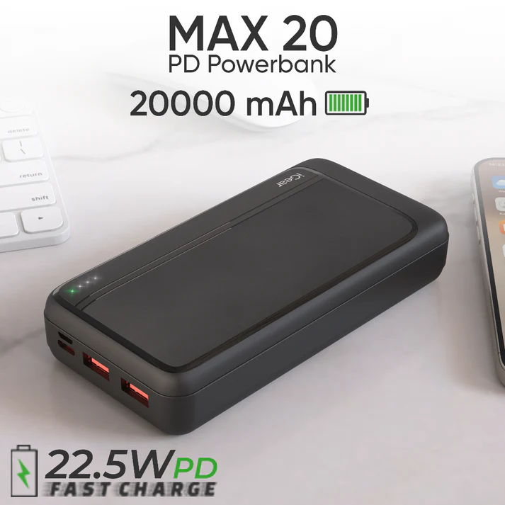 iGear Max 20 Power Bank 20000mAh, Type-C PD 22.5W Fast Charging, Triple Output Ports, Battery Indicator, Wake-up Button, High-Speed Power - Image 1