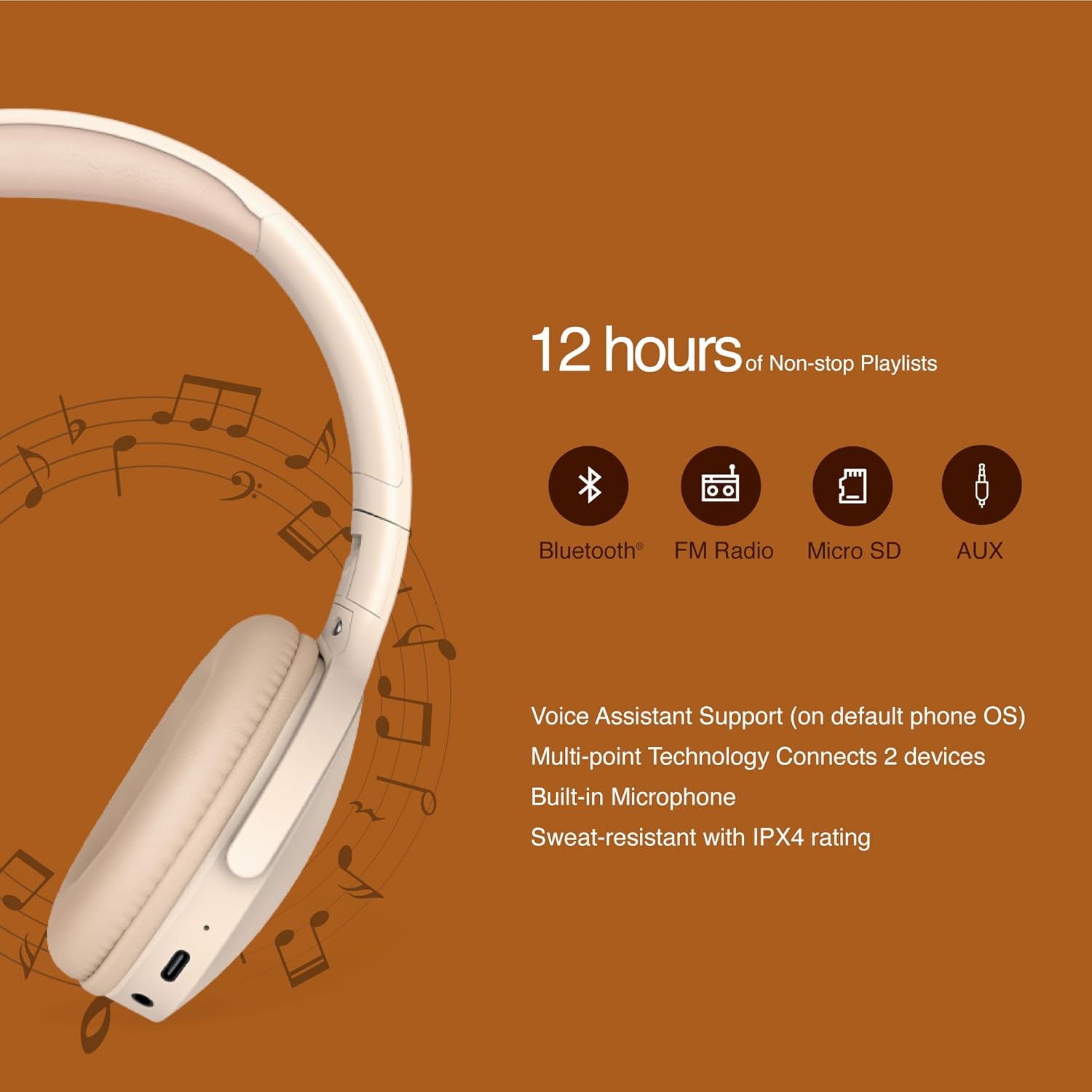 FINGERS Rock-n-Roll H6 On-Ear Bluetooth Headphones with Mic 12 Hours Playtime, 40mm Neodymium Drivers, Leatherette Headband, Bluetooth® v5.4 FM Radio MicroSD AUX- Beige - Image 7