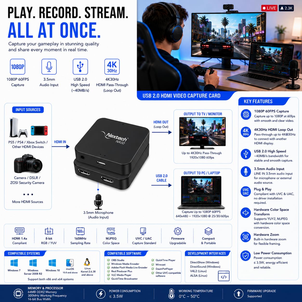 Nextech HDMI Video Capture Card USB 3.0, 4K@30Hz Pass Through,1080P@60FPS Ultra Low Latency for PS5, Xbox, Camera, PC Streaming, Recording Live - Image 8