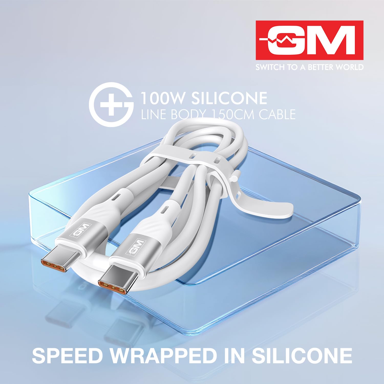 GM G+ 100W Silicon Line Body 150cm Cable , Flexible Silicone Line Body, PD 3.1 Type-C Cable, 480Mbps Data Transfer, Durable Aluminium Connectors White - Image 3