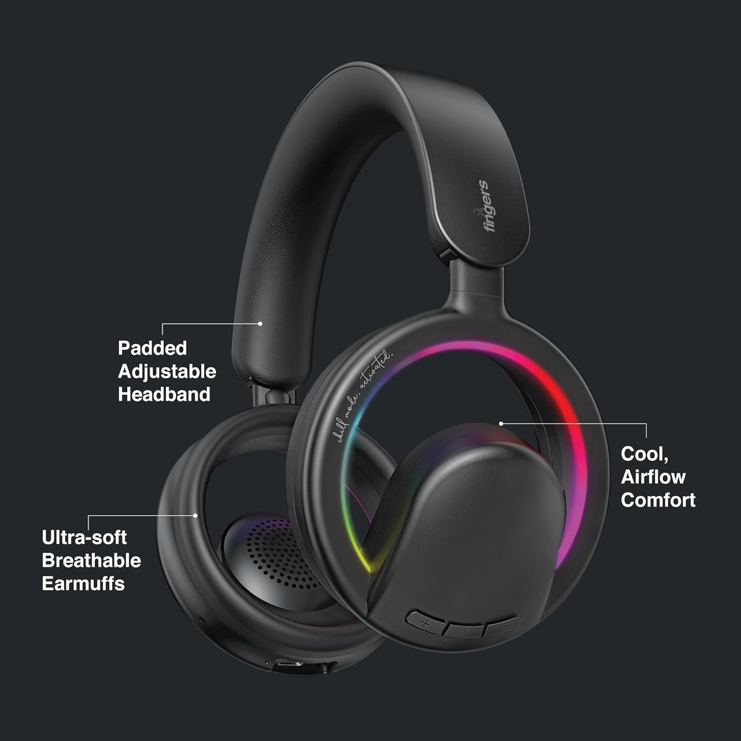 FINGERS ChillRay Open-Ear Wireless Headphones 360° Reality Audio, LED Halo Light Effects, 20 Hrs Playback, Flexible Foldable, Dual Mic Cool Black - Image 7