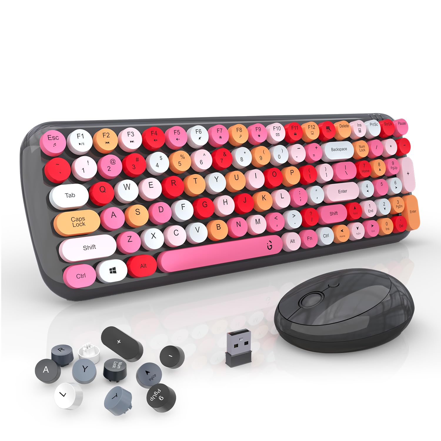 iGear KeyBee Interchangeable/Customizable Typewriter Inspired 2.4GHz Wireless Keyboard with Mouse, Single Nano Receiver, Round Keycaps, Pink and Grey - Image 1