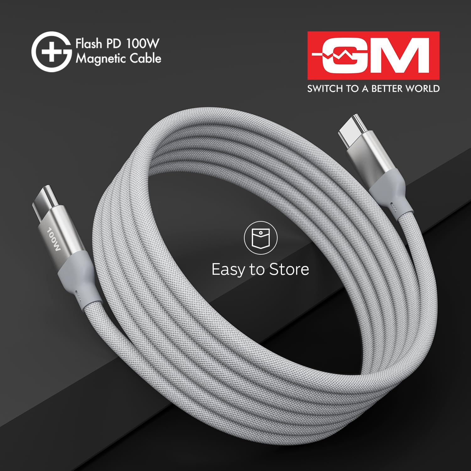 GM G+ Flash PD 100W Magnetic Type C Cable Seamless Charging White - Image 3