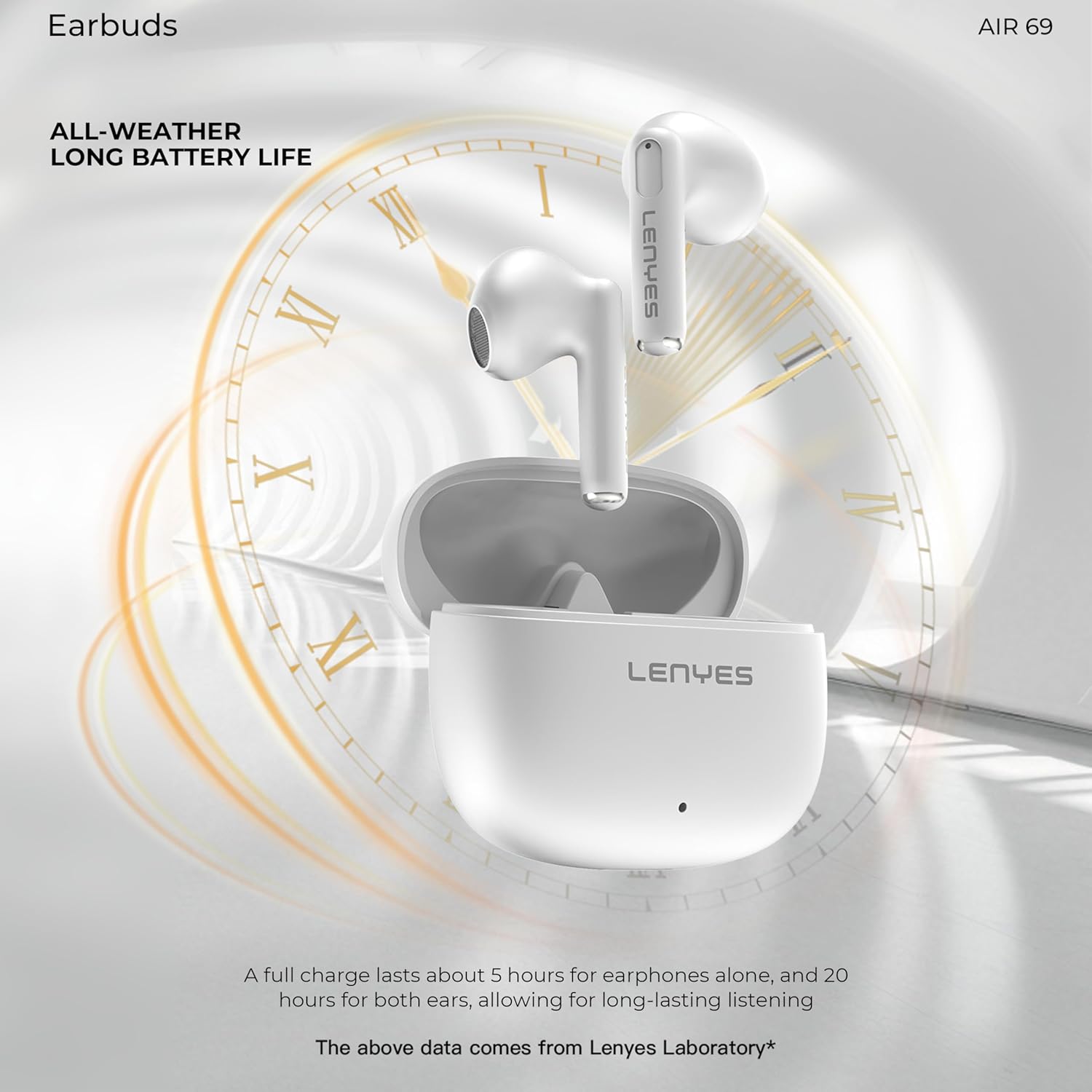 Lenyes AIR69 Wireless Earbuds, Scratch-Resistant Material, 13mm Drivers, Bluetooth 5.4, 20H Playtime, Type-C Fast Charging, Touch Controls White - Image 6