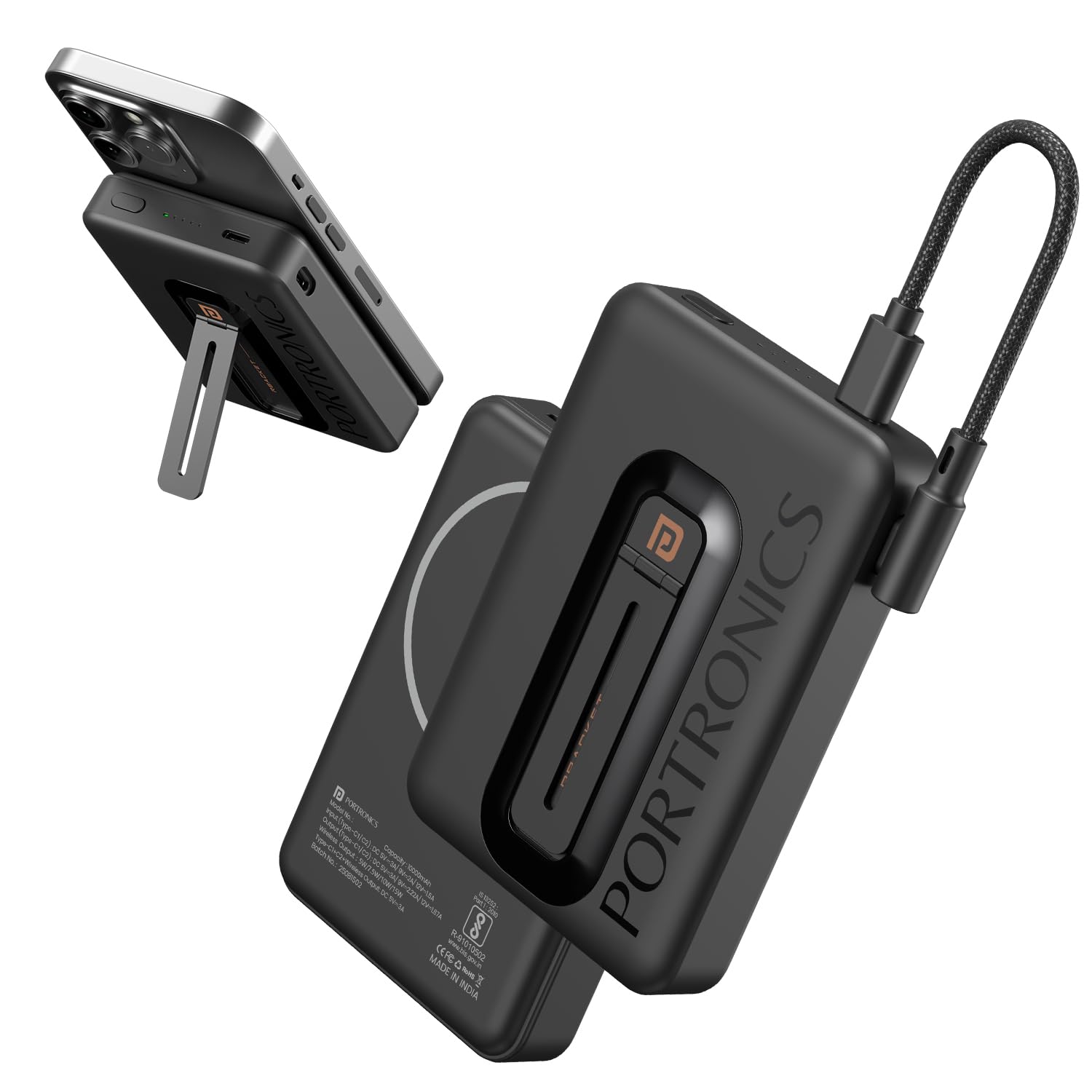 Portronics POR 2903 Revvo 15W Magsafe Wireless Powerbank 10000mAh Fast Charging Powerbank,Detachable Type C Cable,Mobile Stand,Type C Input/Output PD Port,iPhone 12 Above,Android Qi Enabled Devices Black - Image 1
