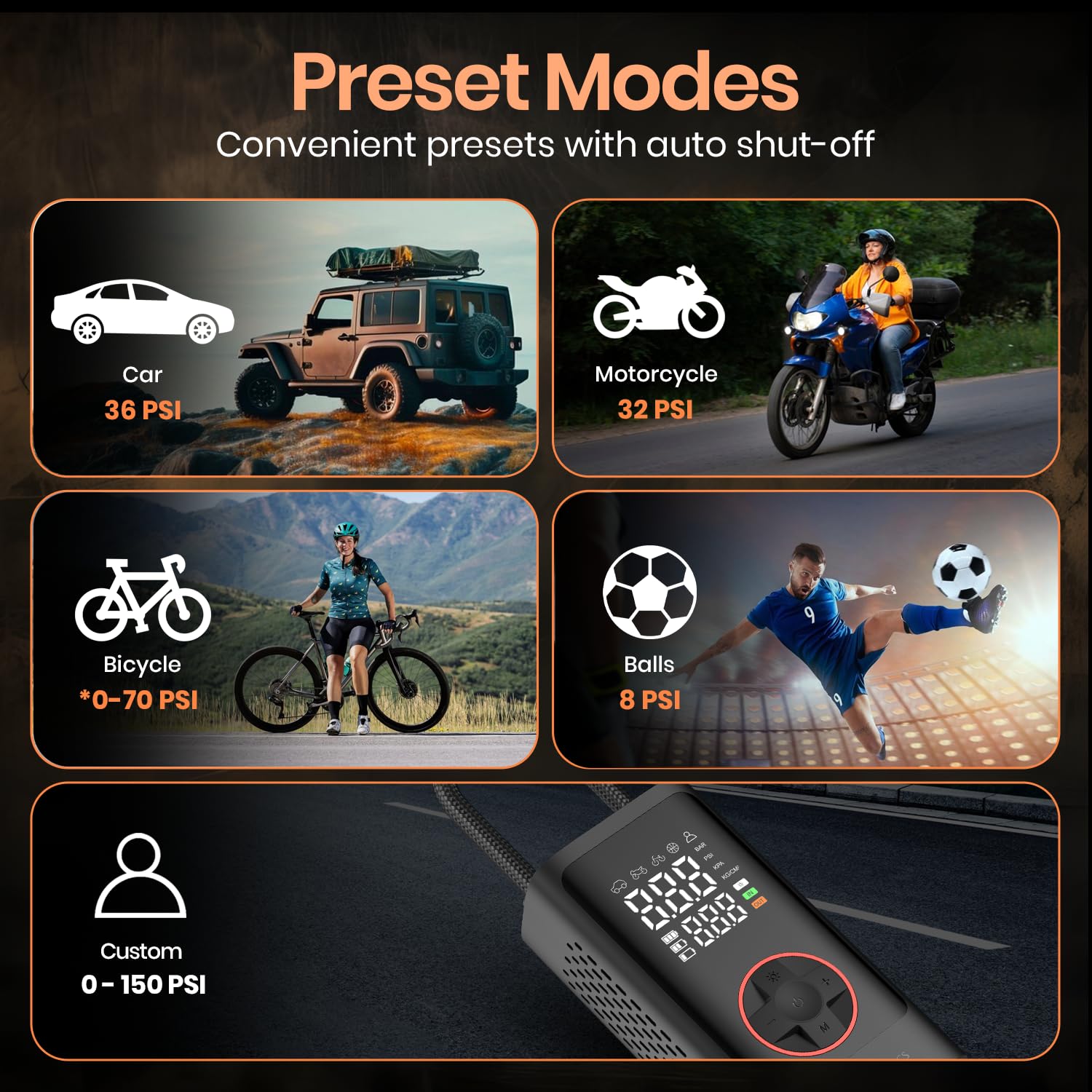 Portronics  POR 3026 Vayu 7.0 Tyre Inflator, Full-Size Digital Display, 4000 mAh Battery, 150 PSI Pressure, Preset Modes, Flashlight with SOS, Pressure Detection, for Cars, Bikes, Bicycles And Balls Black - Image 7