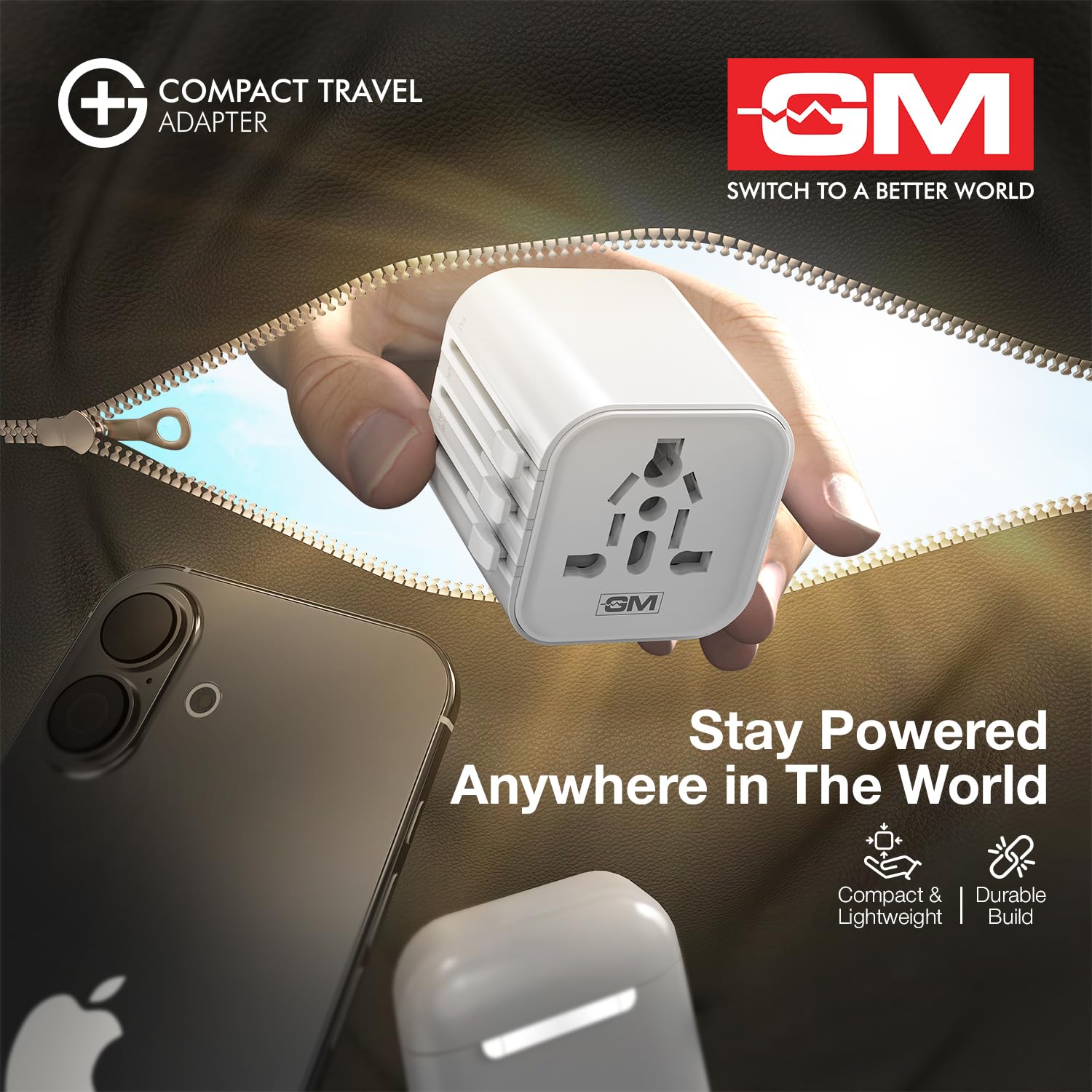 GM G+ Compact Travel Adapter, Universal All-in-One Worldwide Plug (US/UK/EU/AU), Safety Protection, Foldable, Fire-Resistant, 150+ Countries White - Image 9