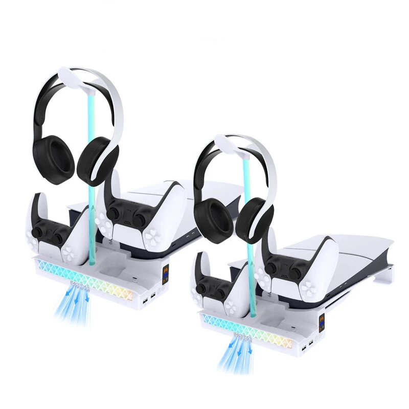PGTECH GP-533 RGB Horizontal Console Bracket with Dual Gamepad Charging Port Built-in Dual Cooling Fan for PS5 Slim Host - White - Image 5