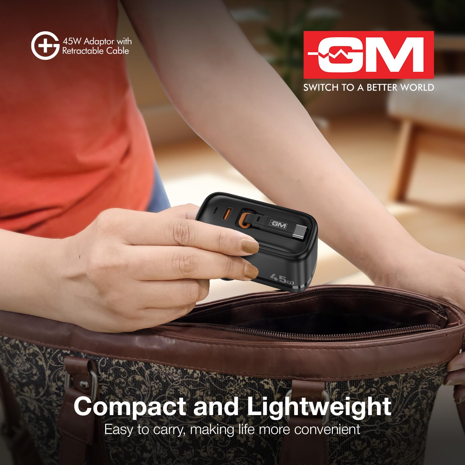 GM G+ 45W Type C All in One Travel Adapter with 70 CM Retractable Cable, GaN Technology Super Fast Charger for Mobile And Laptop Black - Image 6