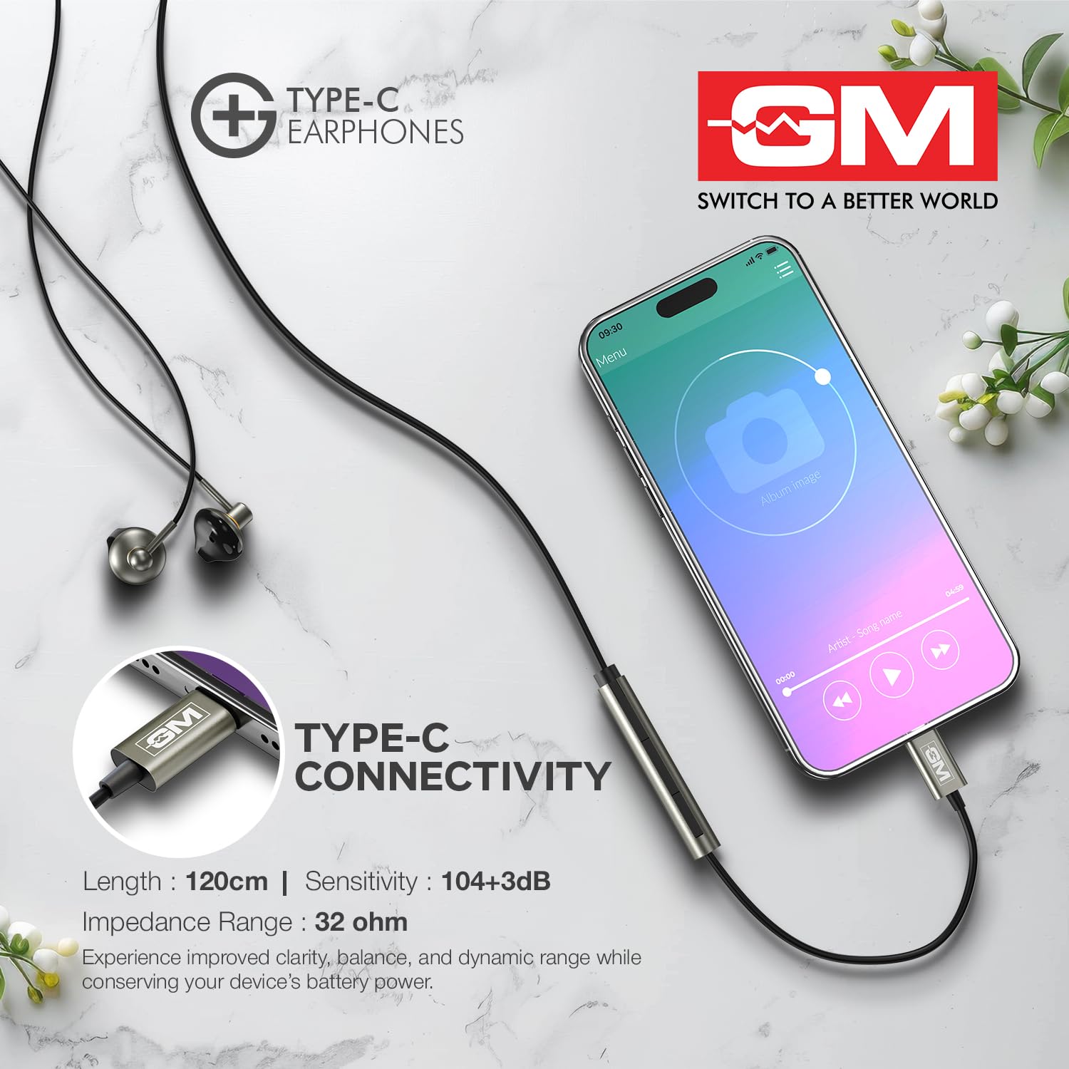 GM G+ Type-C Earphones with HD Sound, Half Ear Comfort Fit, Built-in Mic, One Touch Control, Metallic Finish, 14mm Drivers, Lightweight Wired USB-C Earphones for Calls and Music - Image 7